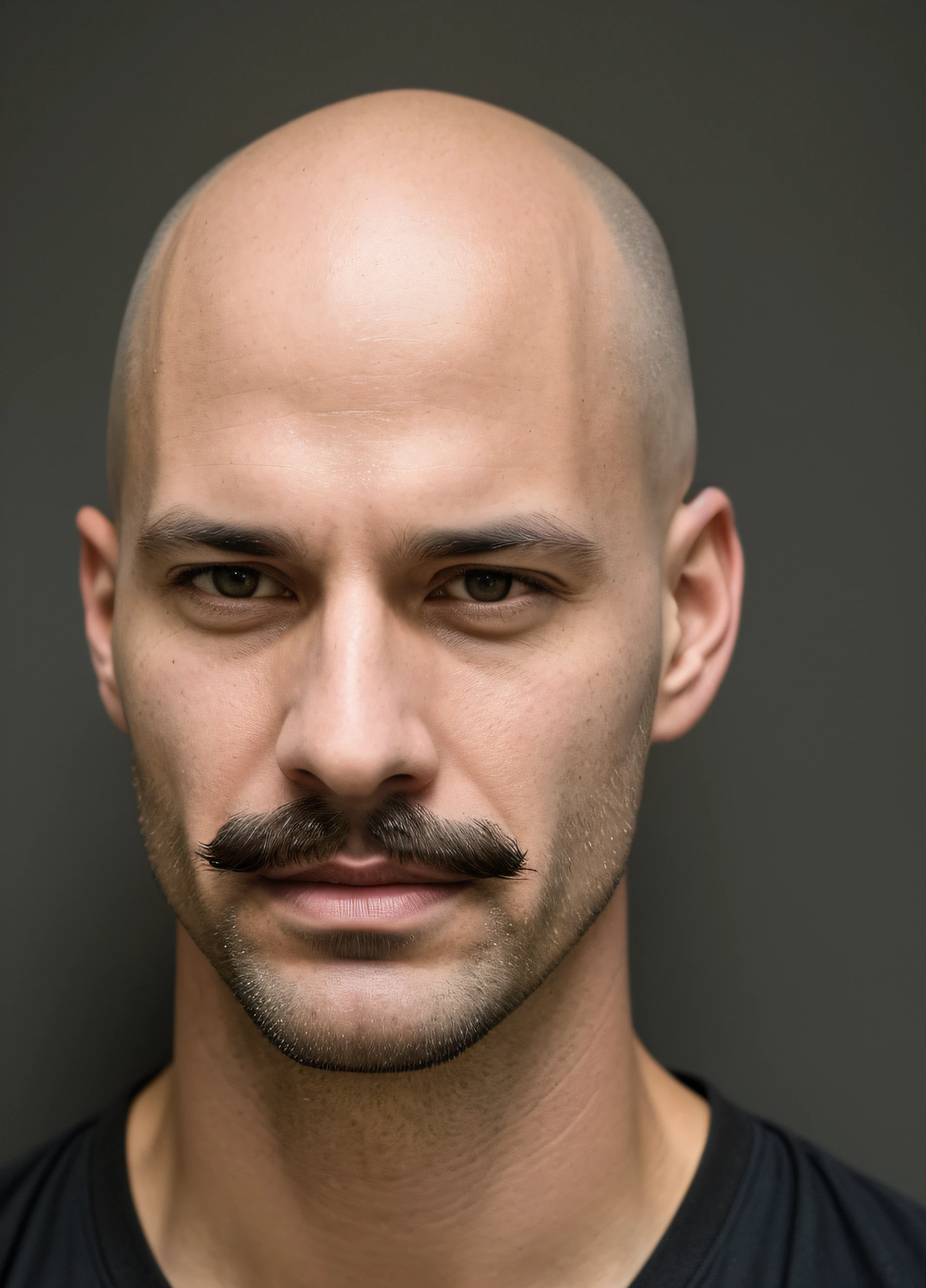 arafed man with a shaved head and a mustache, bald head and menacing look, no hair completely bald, 3 2 years old, 3 6 years old, (38 years old), 38 years old, shaven face, 35 years old, 3 5 years old, shaven stubble, bald man, headshot profile picture, full head shot