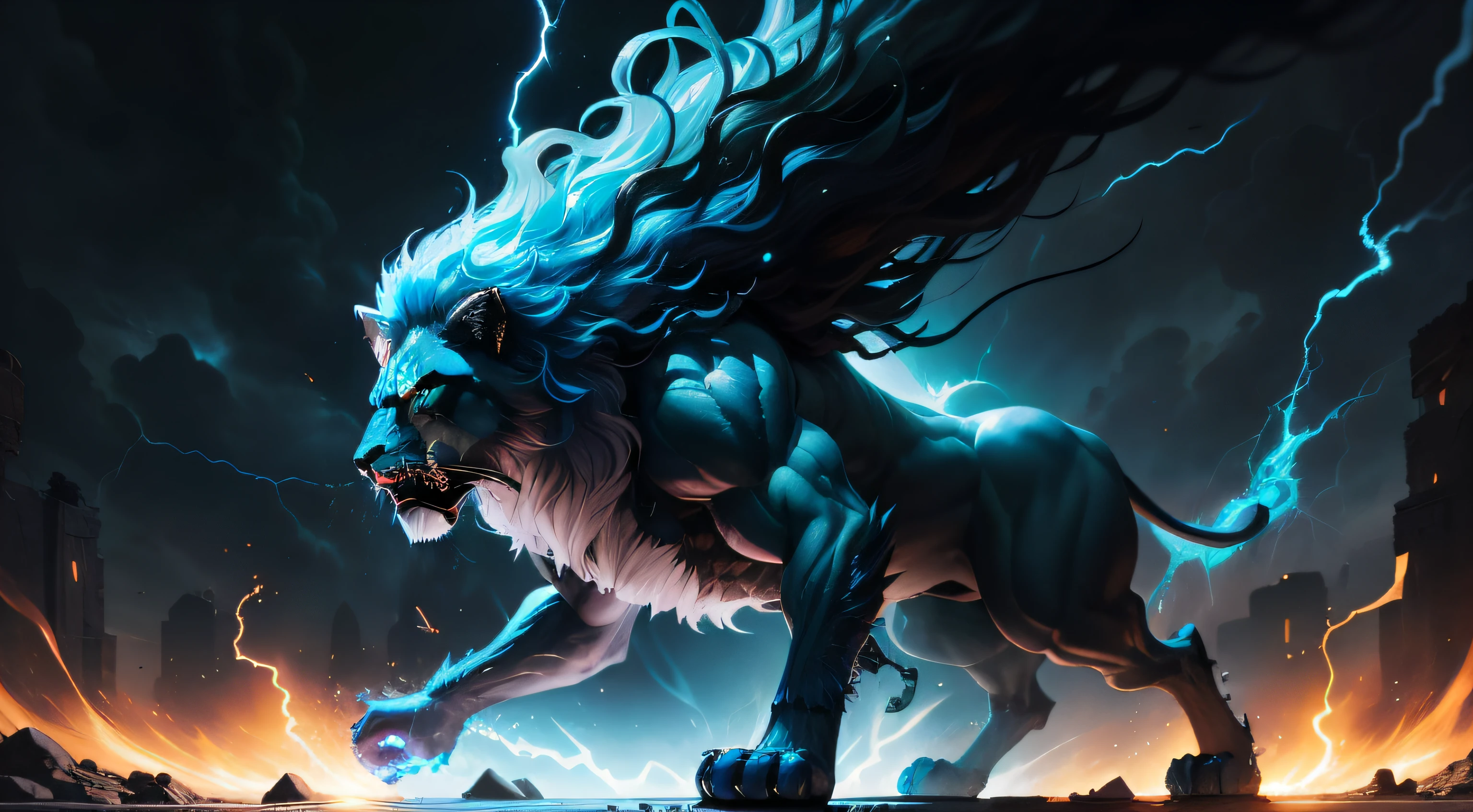 （（（belve））），Lion luminous design，（Blue hair），mythological beasts，Brilliant colors，Ink drops，darkly，violence，Domineering，Lightning and lightning，Muscular，oil painted，Abstract beauty，Heavy strokes，Extremely clear picture quality，