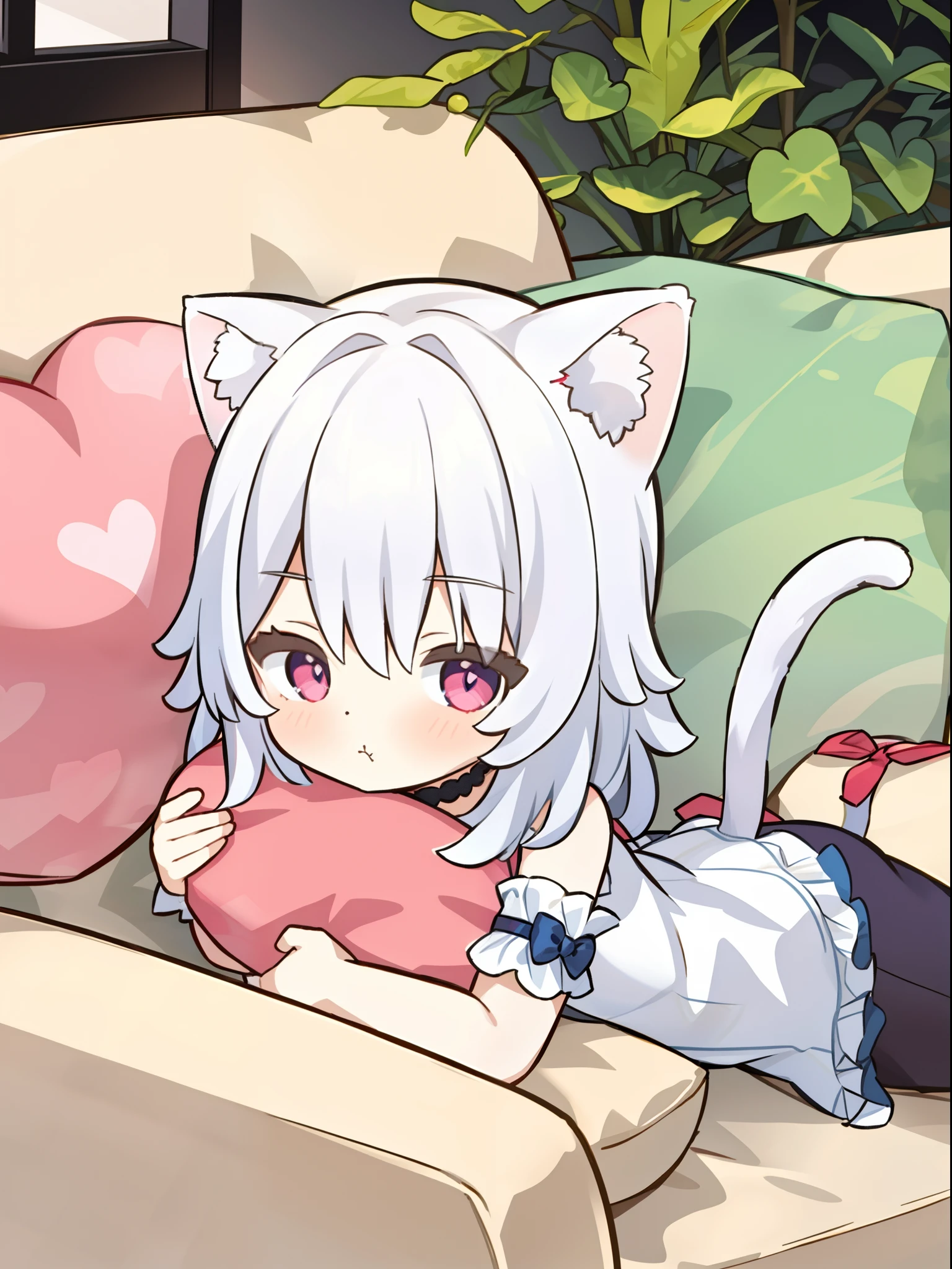 1girll,adolable,Mannequin,cat ear,Cat tail,love heart,hugging pillow,Lazy sofa,On your stomach,Pout,vred,looking to the camera,richcolors,liveroom,Greenery