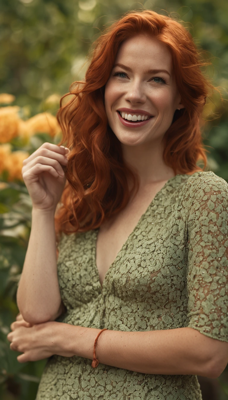 araffed redhead woman, in a green dress posing for a photo, smiling seductively, she is smiling and excited, beautiful young redhead woman, freckles, friendly seductive smile, clear curvy details, small round breasts, next to a tree, curvy model