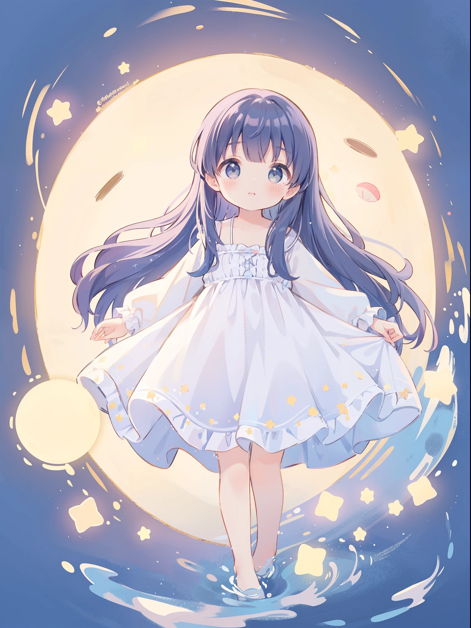 Top Quality, Masterpiece, Ultra High Resolution, Pretty Facial Features, Flat Design, Shoshi no Ko, Hoshino Ai, simple background, giant stars, ziyu, colorful, cute girl standing in water, starry sky in background, huge full moon, water ripples, beautiful simple flowing white dress