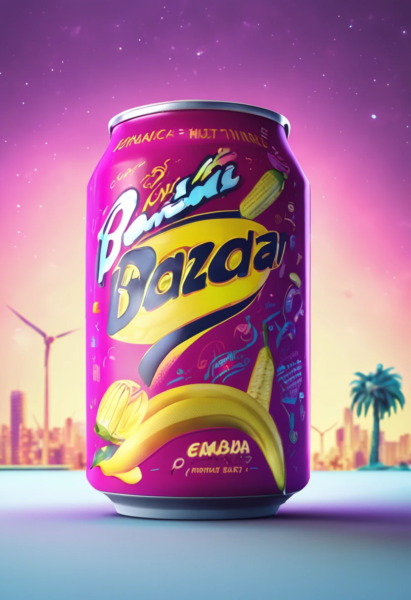 Gere uma imagem de um refrigerante de banana em um ambiente futurista. Use neon lighting effects and technological elements to create a can of soda that looks like it came straight from the future with the label "Banana Blast".