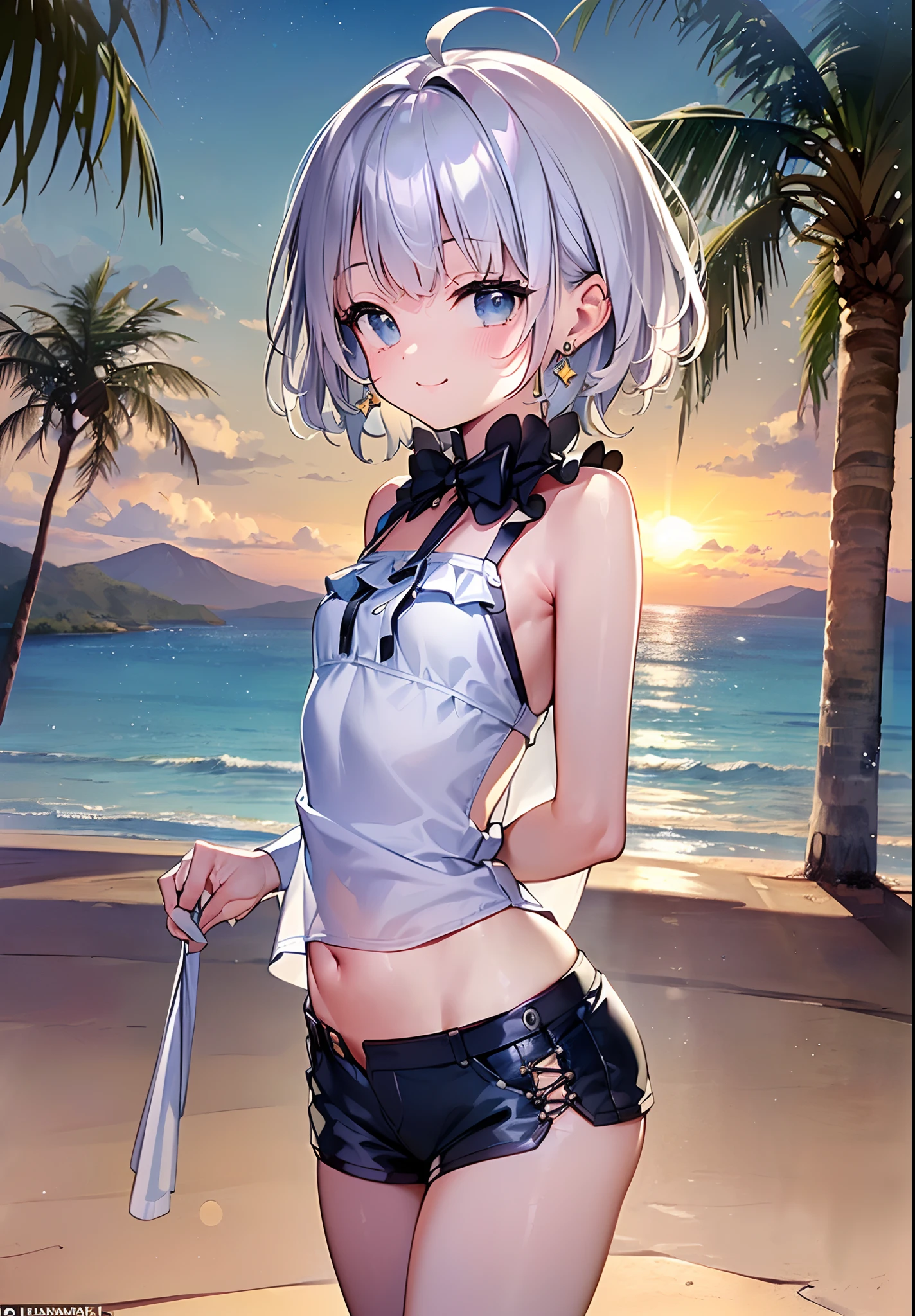 ((Put your hands on your chest)), (surprised)), (Red face), Full body of one girl, Elf, Silver hair, Red eyes, Bob cut, Braided hair, Ruffles, Short sleeves, Hot pants, Swimwear, Bikini, Sea, TS, Concept art, Beautiful anime scene, Beautiful anime scenery, Best quality, Masterpiece