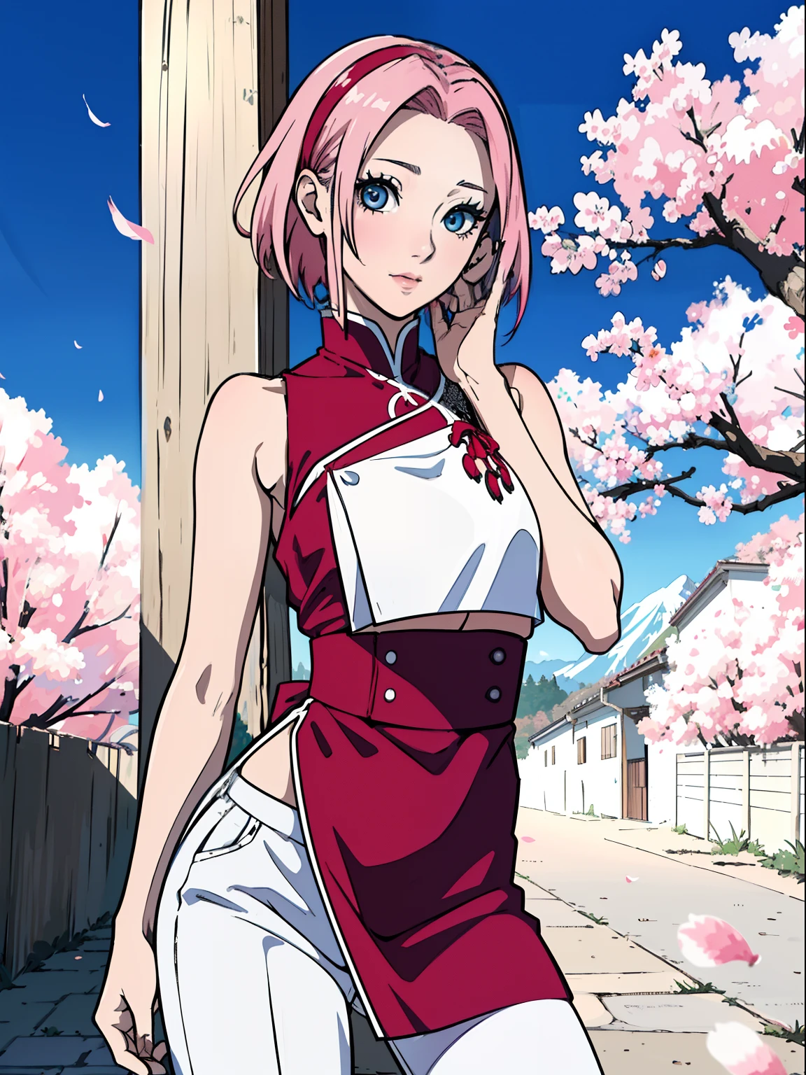 Sakura, (master part, qualidade superior, best quality, Arte Oficial, Beautiful and Aesthetic:1.2), (1girl:1.4), extremamente detalhado, sakura haruno, sexy, corpo inteiro, quase, olhos verdes, vestido vermelho, red bow in hair, cabelo curto, batom, white pant, sorrindo, faixa lateralizada, seios pequenos