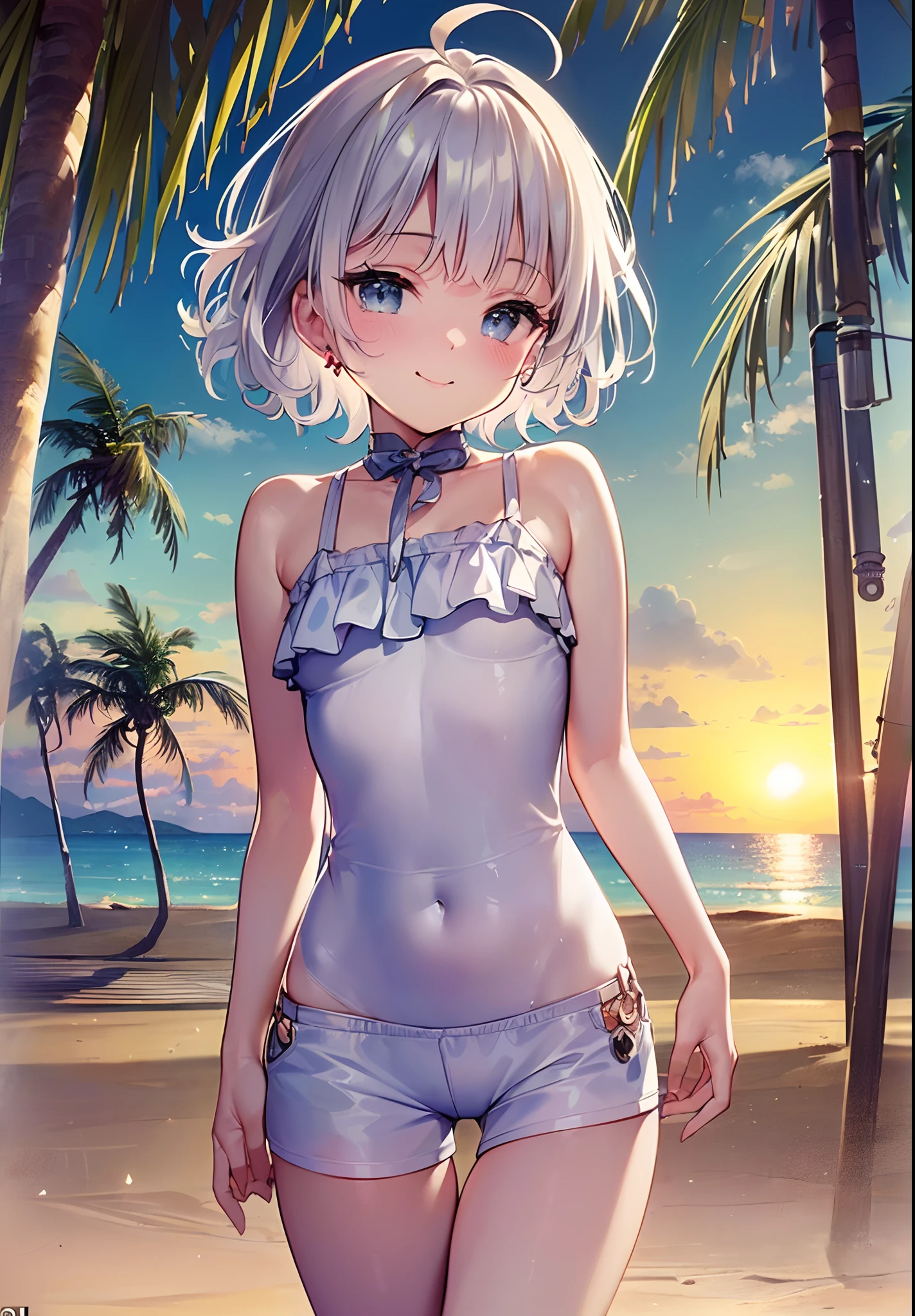 (((Masterpiece)), (((Highest Quality)), (((Very delicate and beautiful)), (Highly detailed CG Unity 8K wallpaper: 1.3), Very delicate light, (Backlight), (Steampunk),

/=、
(Cowboy Body)), (1 : 1.3), Solo, (Petite), (Small), White Swimsuit, High Waist Shorts, White Hair, Blue Eyes, Earrings, (Wavy Curly Short Hair), (Ahoge), (Cute Face: 1.114), (Fine Eyes: 1.15), (Cute Face: 1.114)
, (beautiful fine eyes and beautiful face: 1.15),
The girl is smiling and looks happy in a beautiful tropical landscape. Behind her, the sun is setting, casting a warm glow on the scene, creating a dreamy atmosphere. In the distance, palm trees sway in the breeze, creating a leisurely retro atmosphere, such as sand, sun, beach, sea, horizon, etc.

Highly detailed ray tracing