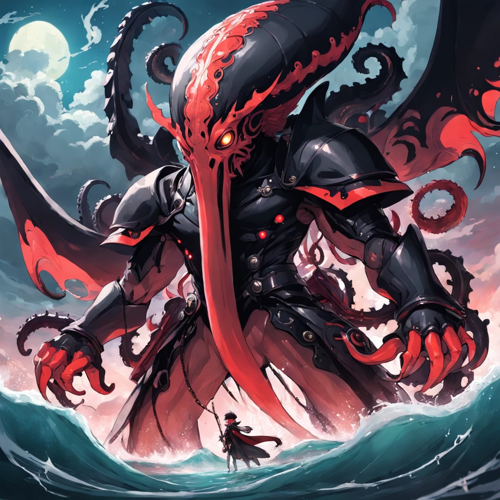 cephalopod, black and red tentacles, Chief God of wisdom and war, black helm with white hornsm floating tentacle beard, black and red floating magical cape, black spear,masterpiece, Best Quality