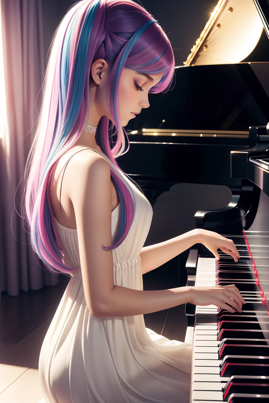 playing piano Playing the piano keys Press a key girl with Hair long Lashes colourfull Active pop music Music Artistically art by colourfull natural soft light Steinway elegent beautiful