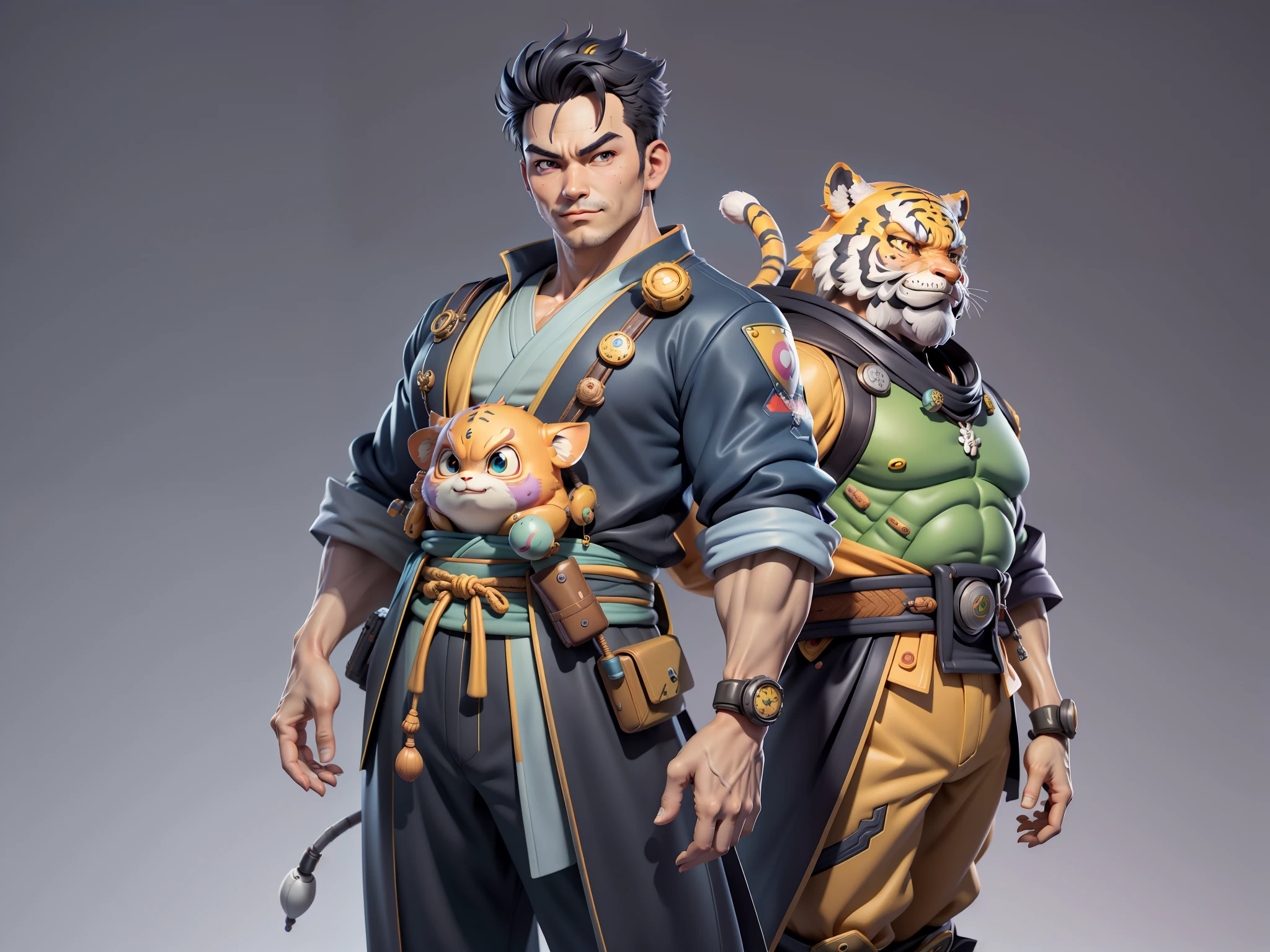 (Masterpiece), (Excellent), (Super Meticulous), (Full Body: 1.2), Super Young Man, Oriental Face, Japanese Kimono, Japanese Wind Thunder God, Dragon, Tiger, TV Anchor, Bust Portrait Illustration, Alone, Black Suit, Blue Tie, Slightly Chubby Face, Very Clean Face, No Beard, Black Super Short Hair, Black Eyes, Confident Smile, 3c Computer Sub-Products, iPad, iPhone, Digital Painting, 3D Character Design by Akira Toriyama and Mark Claireden and Pixar and Hayao Miyazaki, The illustration is a high-definition illustration in 4K resolution with very detailed facial features and cartoon-style visuals.