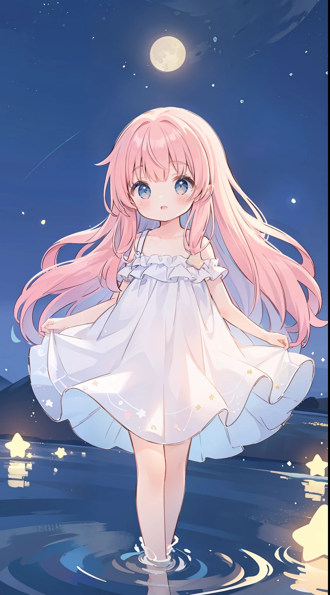Top Quality, Masterpiece, Ultra High Resolution, Pretty Facial Features, Flat Design, Shoshi no Ko, Hoshino Ai, simple background, giant stars, ziyu, colorful, cute girl standing in water, starry sky in background, huge full moon, water ripples, beautiful simple flowing white dress