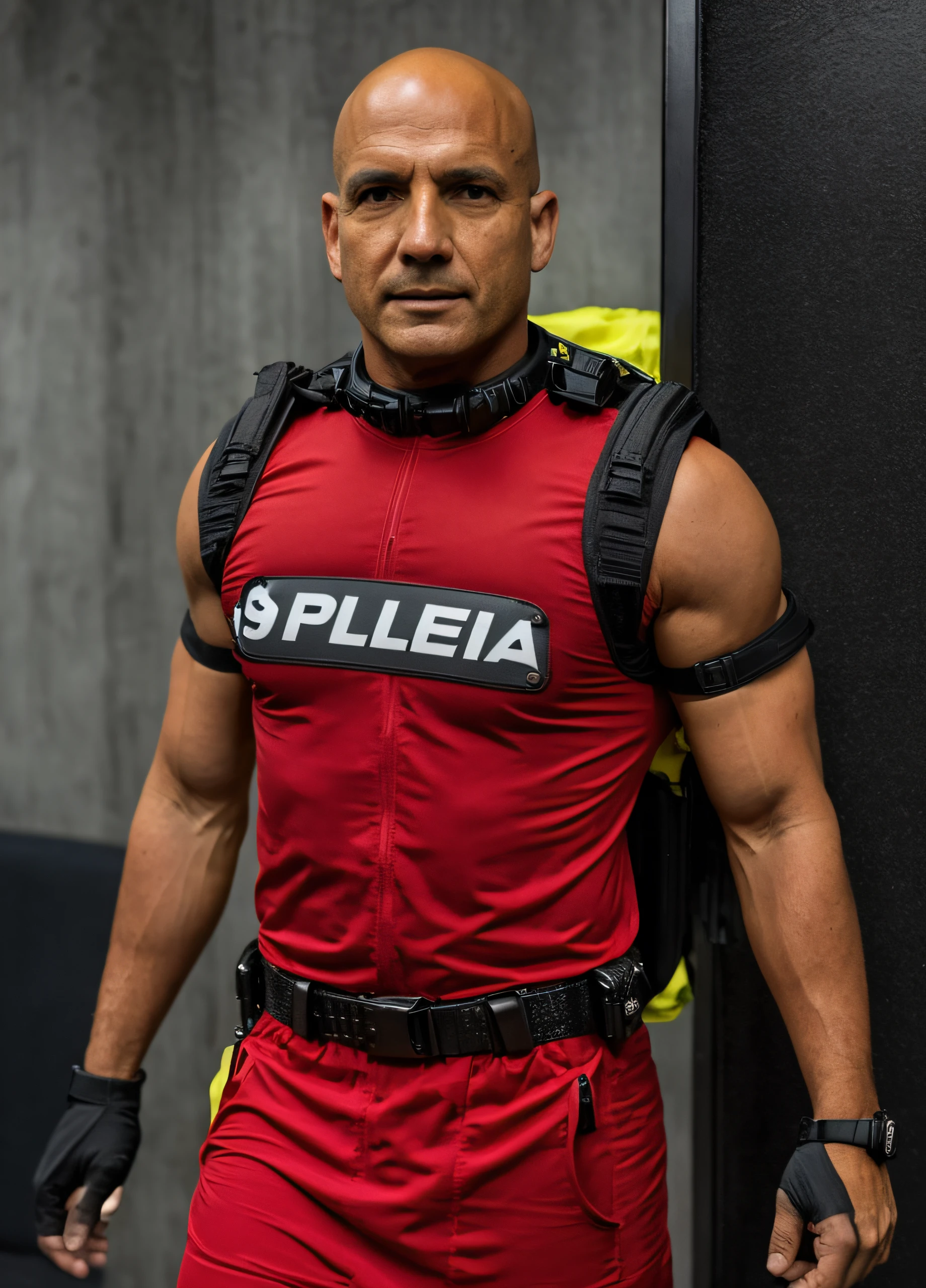 Homem completamente careca, vestido com farda de policial, segurando de forma correta um fuzil de assalto, saindo do inferno, ambiente em chamas, todas os detalhes ultra realistas, 8k, 16k, no noise.