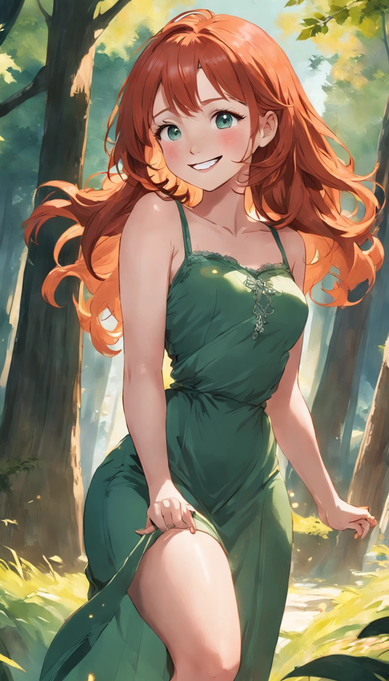 araffed redhead woman, in a green dress posing for a photo, smiling seductively, she is smiling and excited, beautiful young redhead woman, freckles, friendly seductive smile, clear curvy details, small round breasts, next to a tree, curvy model