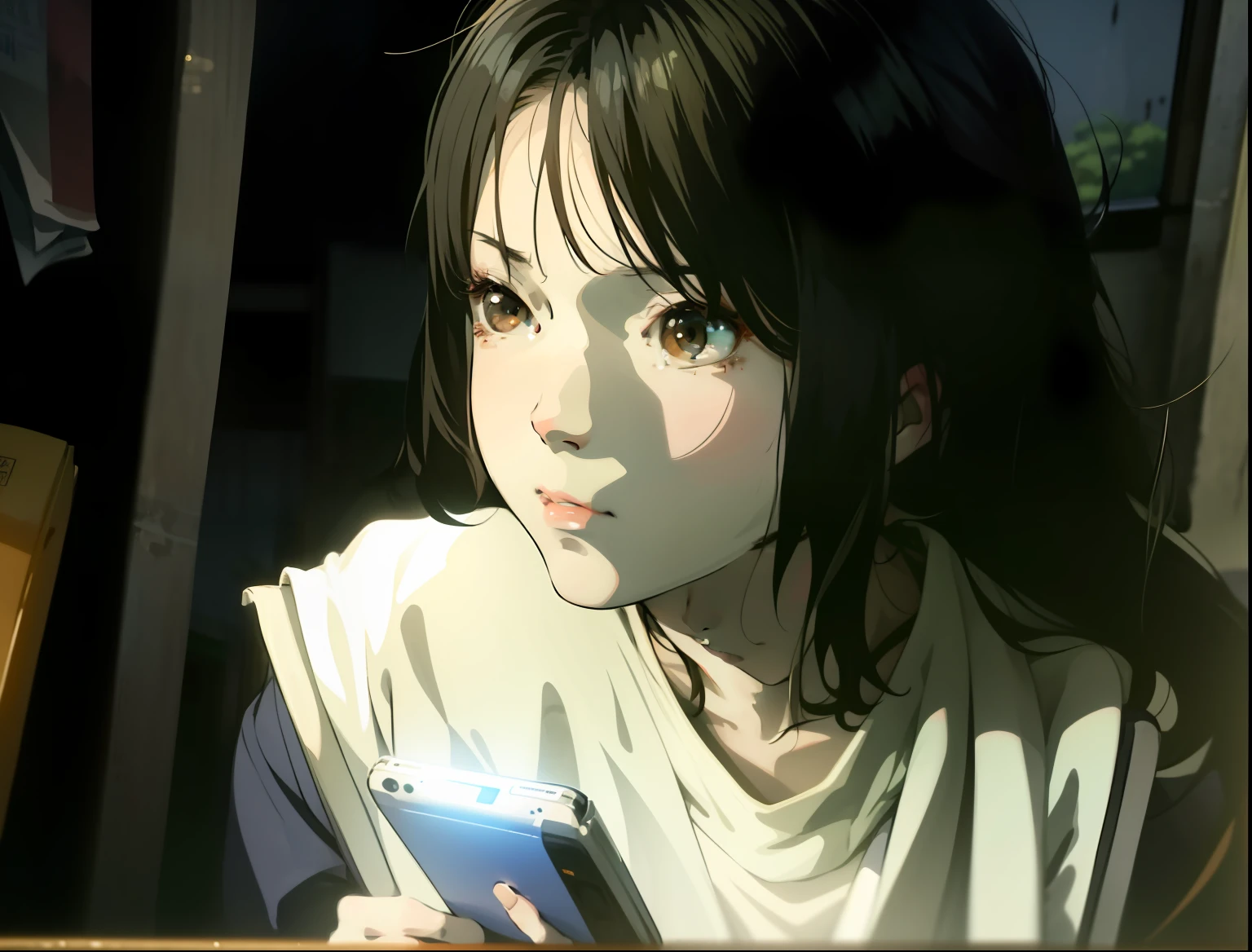 There was a woman holding a cell phone and looking at it, Student, book portrait, anime big breast. Soft lighting, korean artist, Makoto Shinkai. a digital rendering, Korean girl, portrait of a japanese teen, Korean woman, Reading, studious chiaroscuro, with backlight, inspired by Yeong-Hao Han, author：Shen Shizhen