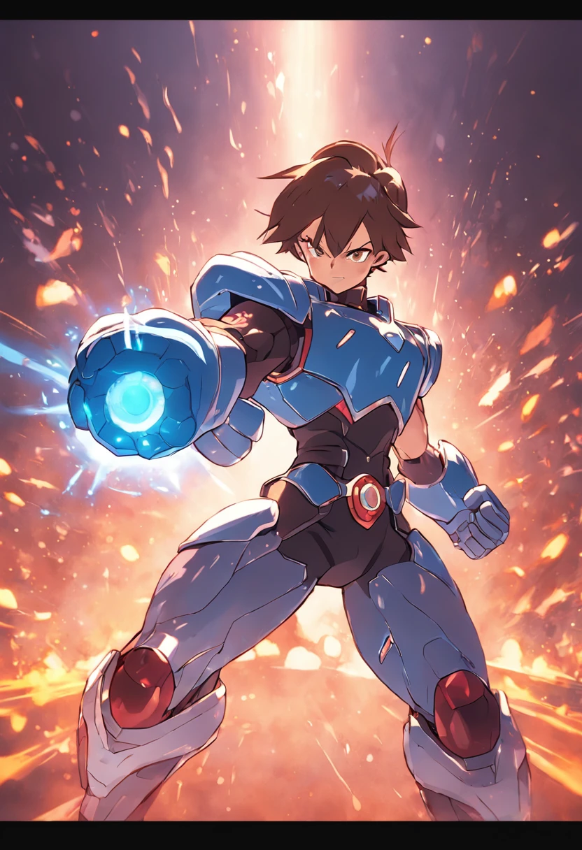 rockman dash, in blue armor, no helmet, brown hair, pointing his cannon weapon in front of the camera.