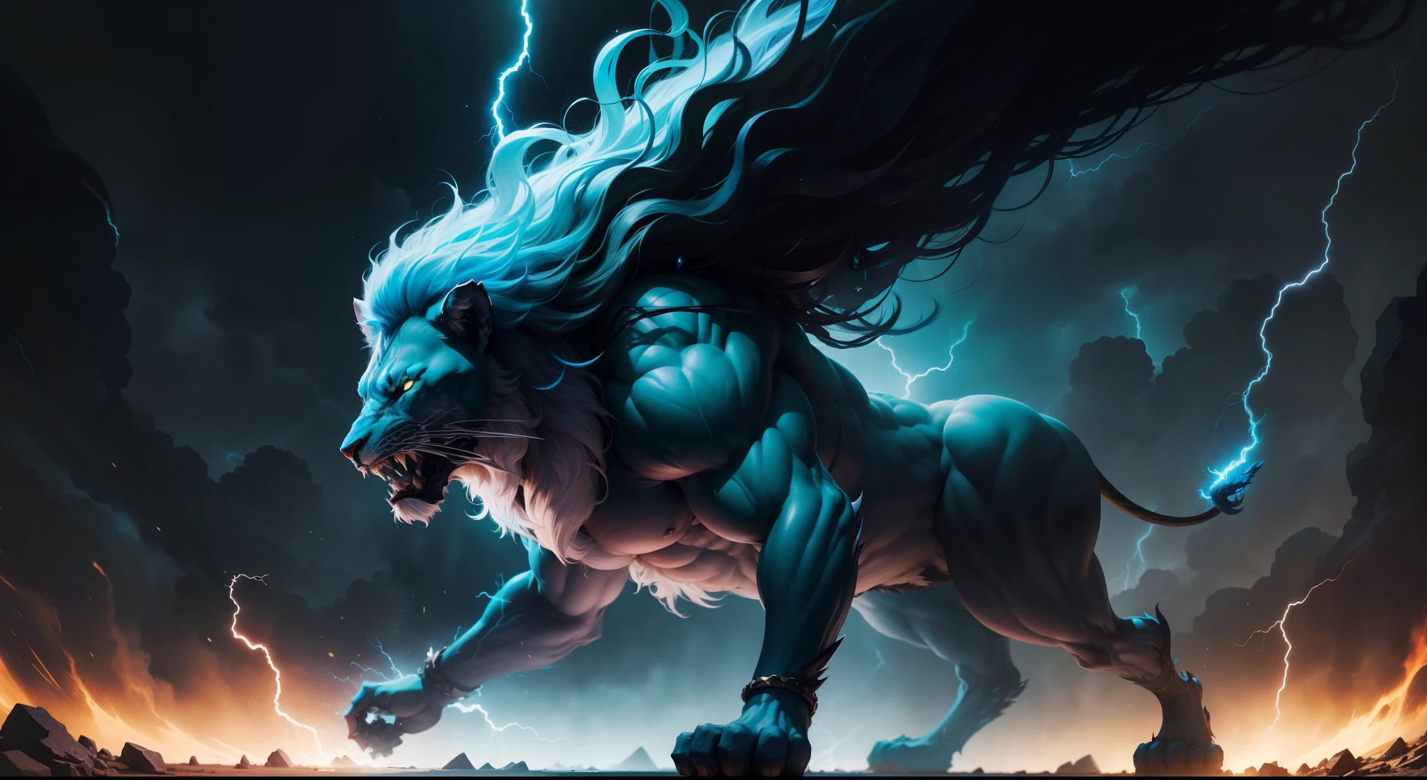 (((belve))),Lion luminous design,(Blue hair),mythological beasts,Brilliant colors,Ink drops,darkly,violence,Domineering,Lightning and lightning,Muscular,oil painted,Abstract beauty,Heavy strokes,Extremely clear picture quality,