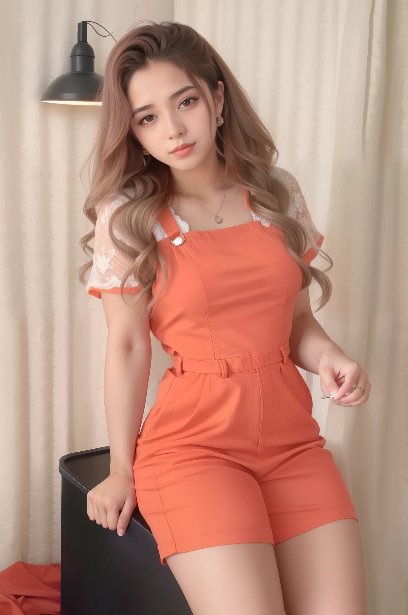 um close up de uma mulher com um vestido laranja curto posando para uma foto, Pokimane, wearing an orange jumpsuit, Lorena Avarez, (Larissa manoela), julia fuentes, orange jumpsuit, red overalls, fernanda suarez, Valentina Embaralhamento, taken in the early 2020s, Parece Fabiula Nascimento, usando uma roupa vermelha