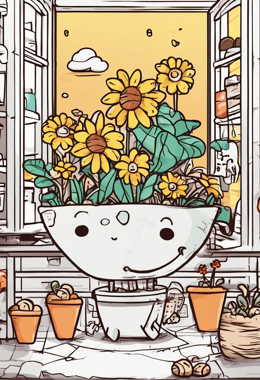Sticker kawaii, Sunflowers in a pot, Drawing is simple, white backgrounid, Sticker drawing for children from 3 to 6 ,