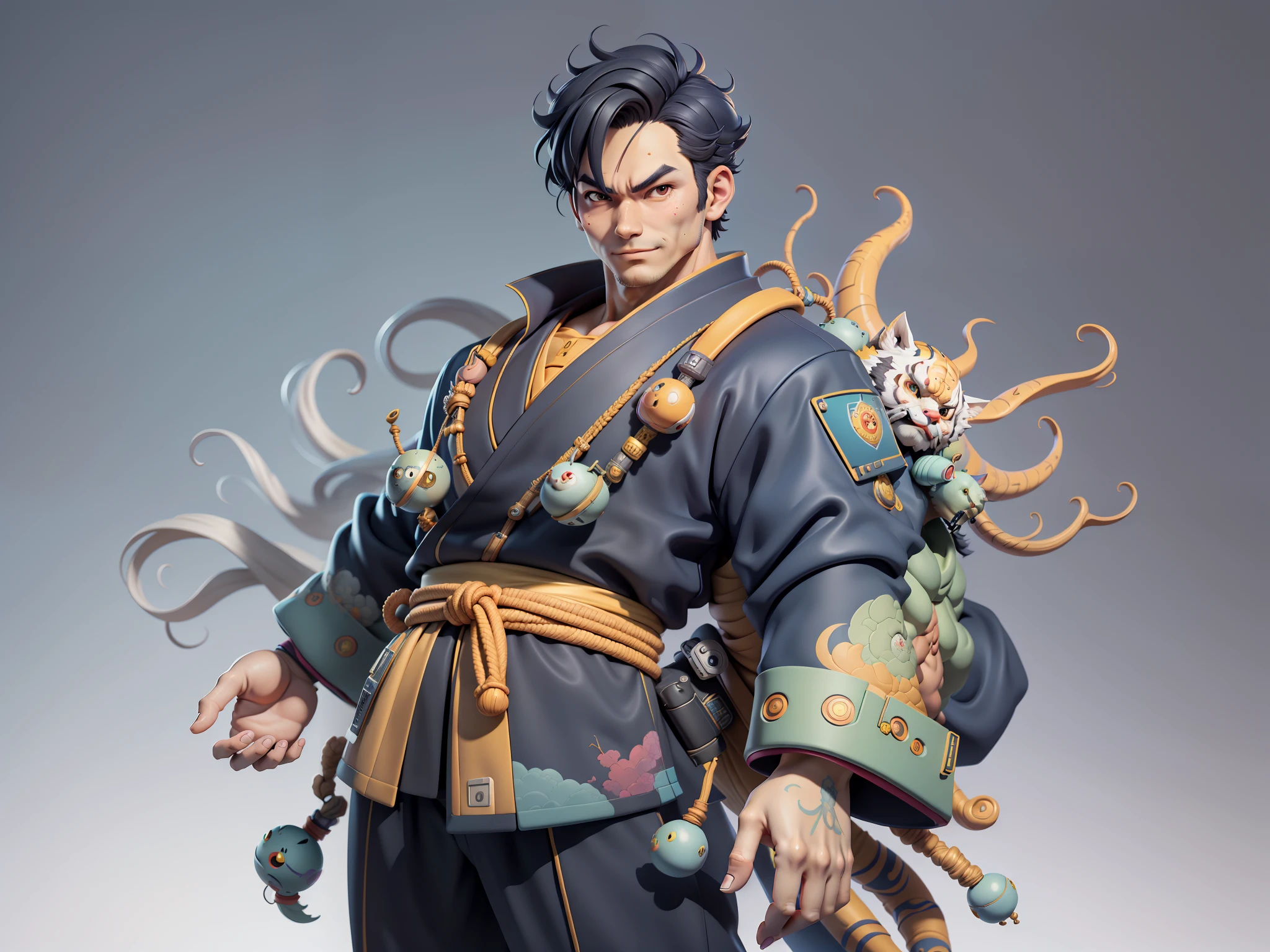 (Masterpiece), (Excellent), (Super Meticulous), (Full Body: 1.2), Super Young Man, Oriental Face, Japanese Kimono, Japanese Wind Thunder God, Dragon, Tiger, TV Anchor, Bust Portrait Illustration, Alone, Black Suit, Blue Tie, Slightly Chubby Face, Very Clean Face, No Beard, Black Super Short Hair, Black Eyes, Confident Smile, 3c Computer Sub-Products, iPad, iPhone, Digital Painting, 3D Character Design by Akira Toriyama and Mark Claireden and Pixar and Hayao Miyazaki, The illustration is a high-definition illustration in 4K resolution with very detailed facial features and cartoon-style visuals.