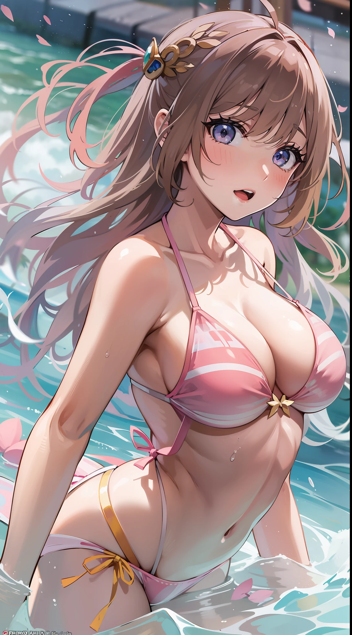 sex, There is a woman in a pink bikini, Naughty Bikini, Japan Girl, Japan women, Japan style, shores, Glittering beaches, mare, Water splashes are flying, Awkward bikini, Obscene bikini, portrait photo, A Princess, Inspired by Nogizaka46, Blonde goddess, beautiful brunette girl, oriental girl, master work, The highest image quality, hightquality, high detailing, 超A high resolution, 8K resolution, depth of fields, Cinematography, intricate detailes, Elaborate, meticulous, Magnificent