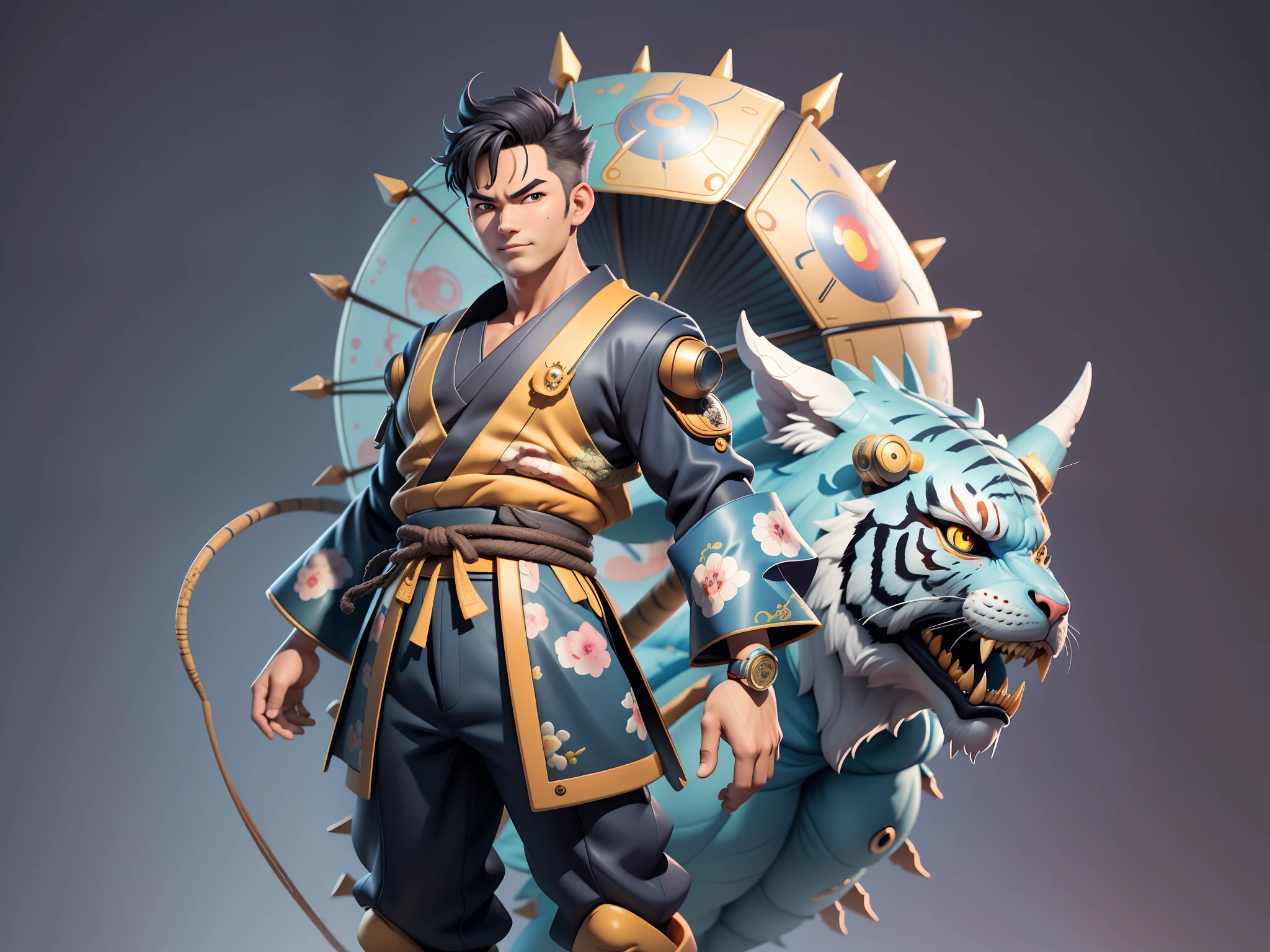 (Daisaku),(Need),(Super meticulous),(full bodyesbian:1.2),Japanese ukiyo-e girl,japanese geisha,Beautiful,Oriental dragon,one tiger,Aeolian Thor,Raised sexy,爆乳,Oriental face,TV Anchor,Bust portrait illustration,Alone,In black suit,a blue tie,The face is slightly chubby,The face was clean,without a beard,Black super short hair,Black eyes,Smile confidently,3C computer sub-products,iPad, iphone,Digital painting,3D character design by Mark Clairen and Pixar and Hayao Miyazaki and Akira Toriyama,The illustration is a high-definition illustration in 4K resolution,With very detailed facial features and cartoon-style visuals。