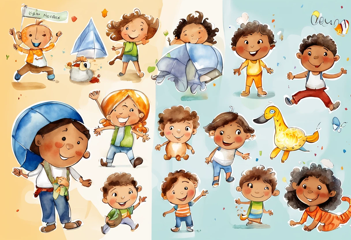 Leo, a boy in jeans, cabelos curtos e castanho, de 5 anos, saw a bright rainbow in the sky and pointed it in the sky. Various postures. The face is Brazilian and cute. Fundo branco, and he's on his back. Imagem de livro infantil, for kids. Imagens Coloridas e Vibrantes, Expressivas, Detalhadas, Fantastic, Recreational, Connected to History, Easily Understandable, Cativantes, Diversificadas, Alegres, multiple pictures, children's book ilustration style, simples, fofo, 5 anos.