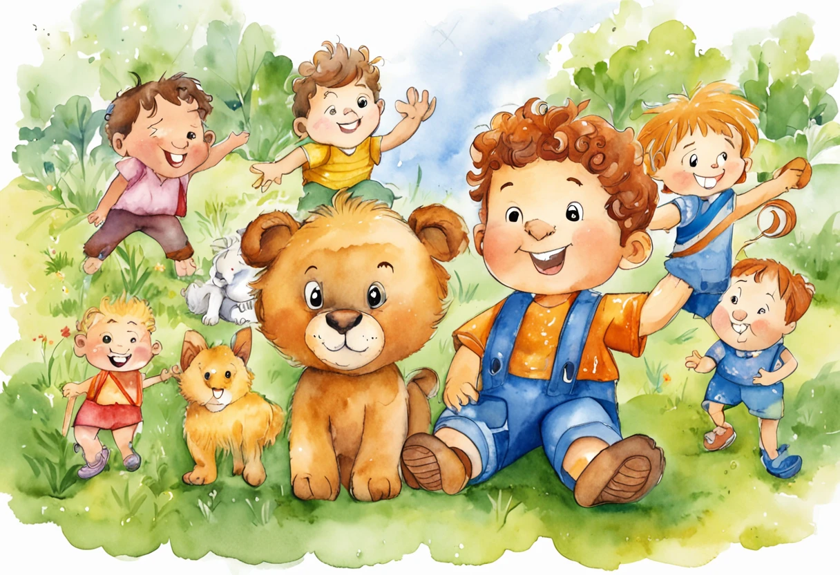 Leo, a boy in jeans, cabelos curtos e castanho, de 5 anos, saw a bright rainbow in the sky and pointed it in the sky. Various postures. The face is Brazilian and cute. Fundo branco, and he's on his back. Imagem de livro infantil, for kids. Imagens Coloridas e Vibrantes, Expressivas, Detalhadas, Fantastic, Recreational, Connected to History, Easily Understandable, Cativantes, Diversificadas, Alegres, multiple pictures, children's book ilustration style, simples, fofo, 5 anos.