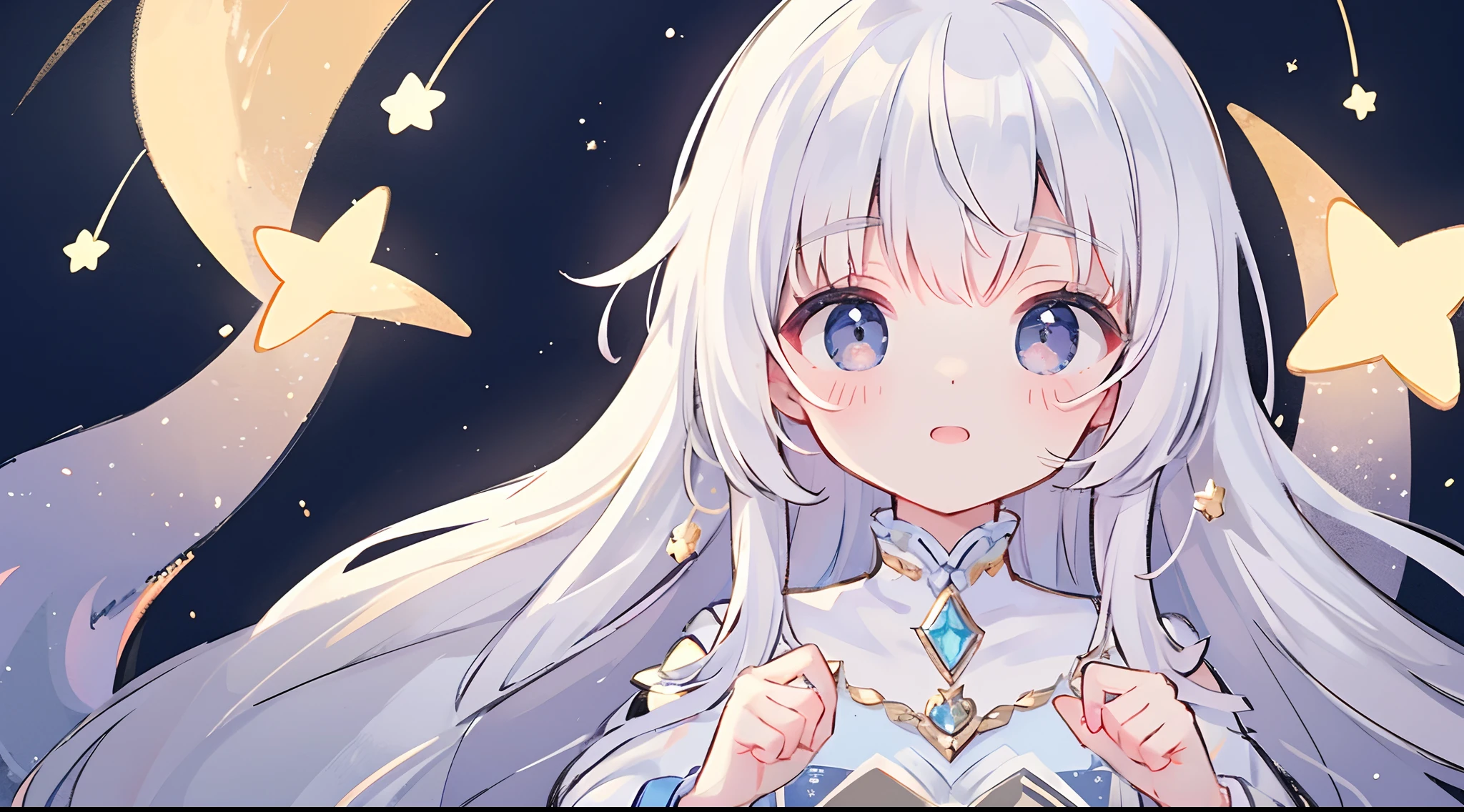 Best quality, masterpiece, ultra high resolution, clean facial features, flat desigen, wide shot, face to viewer, complex background, wishing star background, ethereal mystical traslucent dress, mystical, complex drawing, highly detailed, ethereal, starry night, midjourney style star, glowing in the dark
