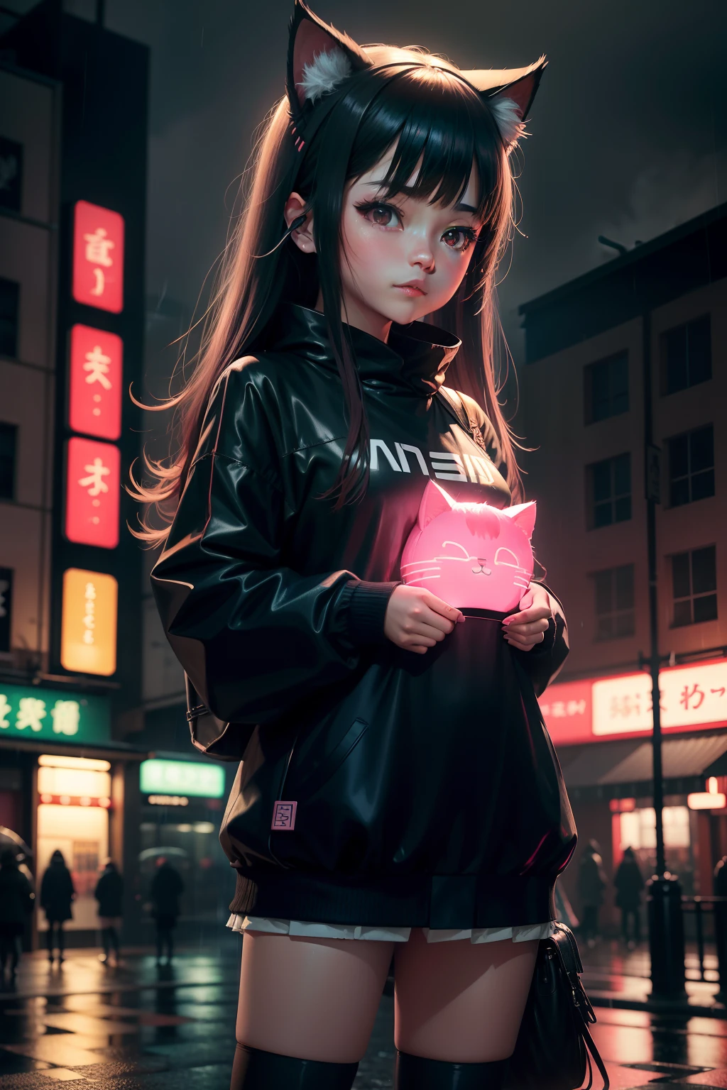 In the rainy night,a sense of atmosphere,Japanese sense of technology。Cute girl with cat ears,Wear over-the-knee socks,Holding a neon sign