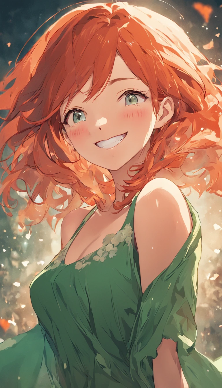 araffed redhead woman, in a green dress posing for a photo, smiling seductively, she is smiling and excited, beautiful young redhead woman, freckles, friendly seductive smile, clear curvy details, small round breasts, next to a tree, curvy model