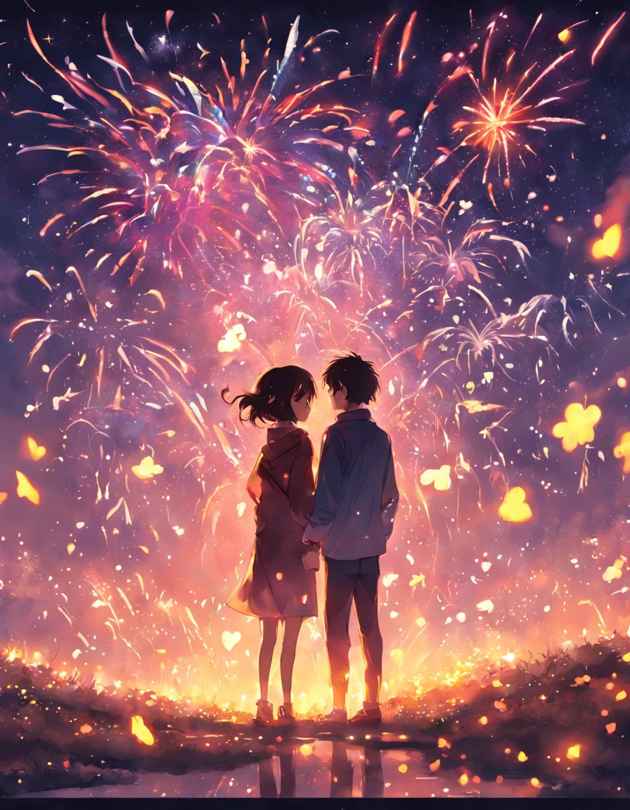 the night,Colorful,Fireworks all over the sky,Heart-shaped bubbles,couples,Cartoony,hugging eachother,Glowing fireflies around,illustration,Glow effects,Dingdall effect,depth of fields,high light,Real light,Ray traching,oc rendered,Hyper-realistic,best qualtiy,8K,Works of masters,super-fine,Detailed pubic hair,Correct anatomy,sharp focus on eyes,Bokeh,Facial features are carefully depicted