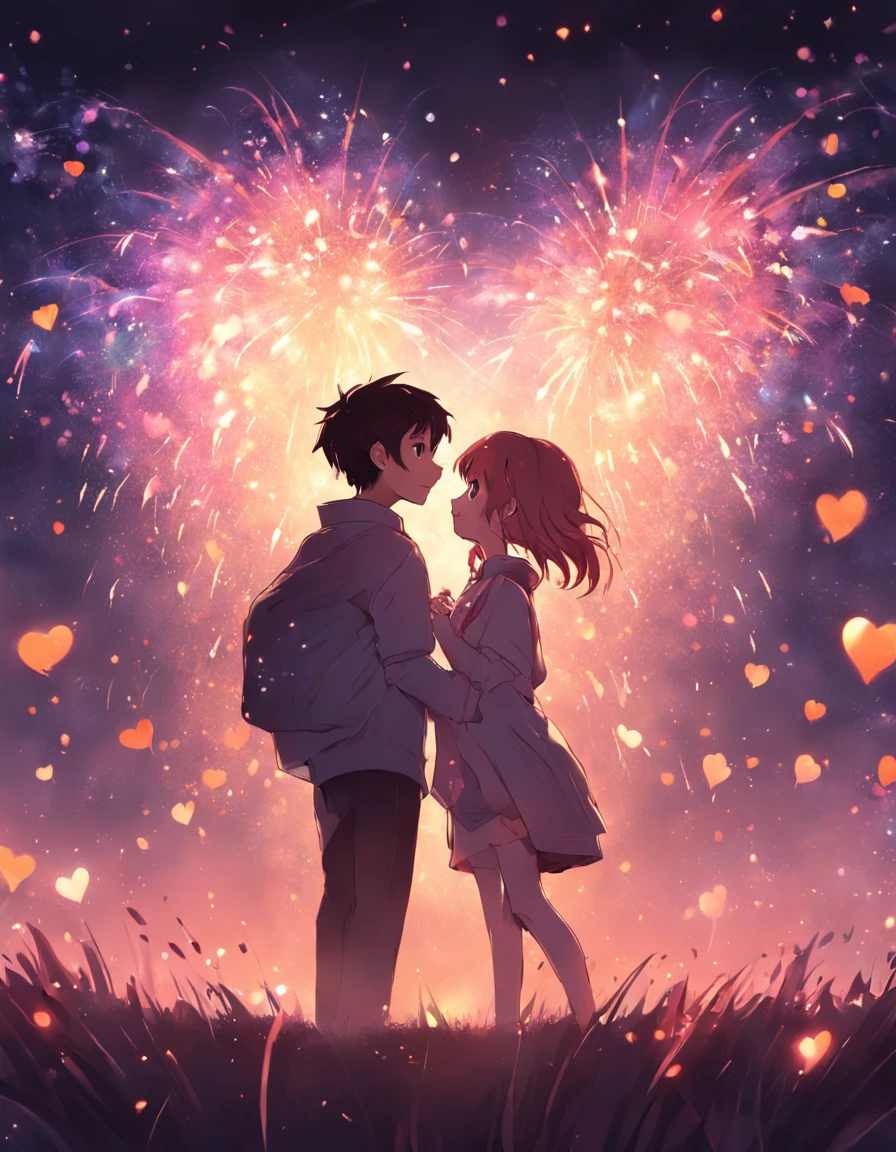 the night，Colorful，Fireworks all over the sky，Heart-shaped bubbles，couples，Cartoony，hugging eachother，Glowing fireflies around，illustration，Glow effects，Dingdall effect，depth of fields，high light，Real light，Ray traching，oc rendered，Hyper-realistic，best qualtiy，8K，Works of masters，super-fine，Detailed pubic hair，Correct anatomy，sharp focus on eyes，Bokeh，Facial features are carefully depicted