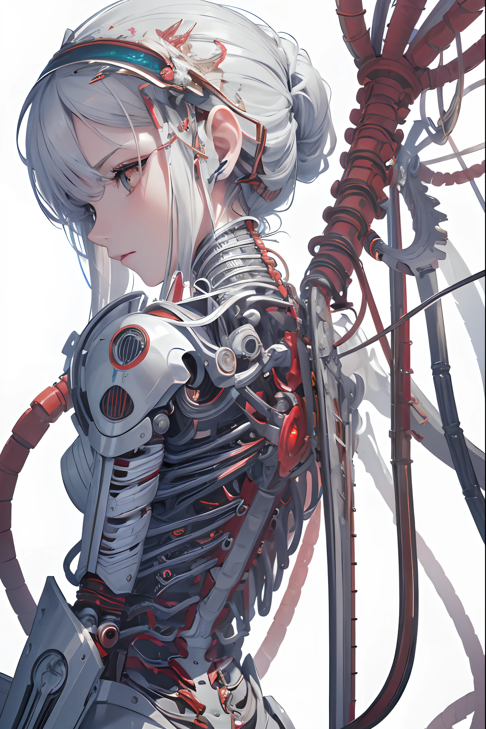 (((masterpiece))), (((best quality))), ((ultra-detailed)), (highly detailed CG illustration), ((an extremely delicate and beautiful)),(from side),cinematic light,((1mechanical girl)),solo,full body,(machine made joints:1.2),((machanical limbs)),(blood vessels connected to tubes),(mechanical vertebra attaching to back),((mechanical cervial attaching to neck)),(sitting),expressionless,(wires and cables attaching to neck:1.2),(wires and cables on head:1.2)(character focus),science fiction,white background, extreme detailed,colorful,highest detailed