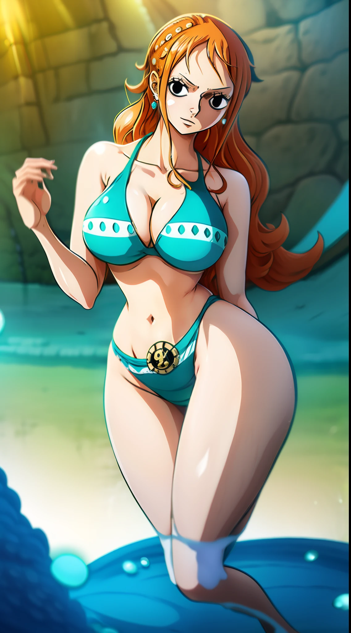 Nami from one piece wearing tight bikini she have good body shape large thighs and large breasts her breasts is overflowing from her top she is embarrassed about it and have beautiful anime eyes looking at you shyly and she is standing in water with her toes with beautiful face and tight beautiful bottom and this art of nami is maked in very high quality anime style