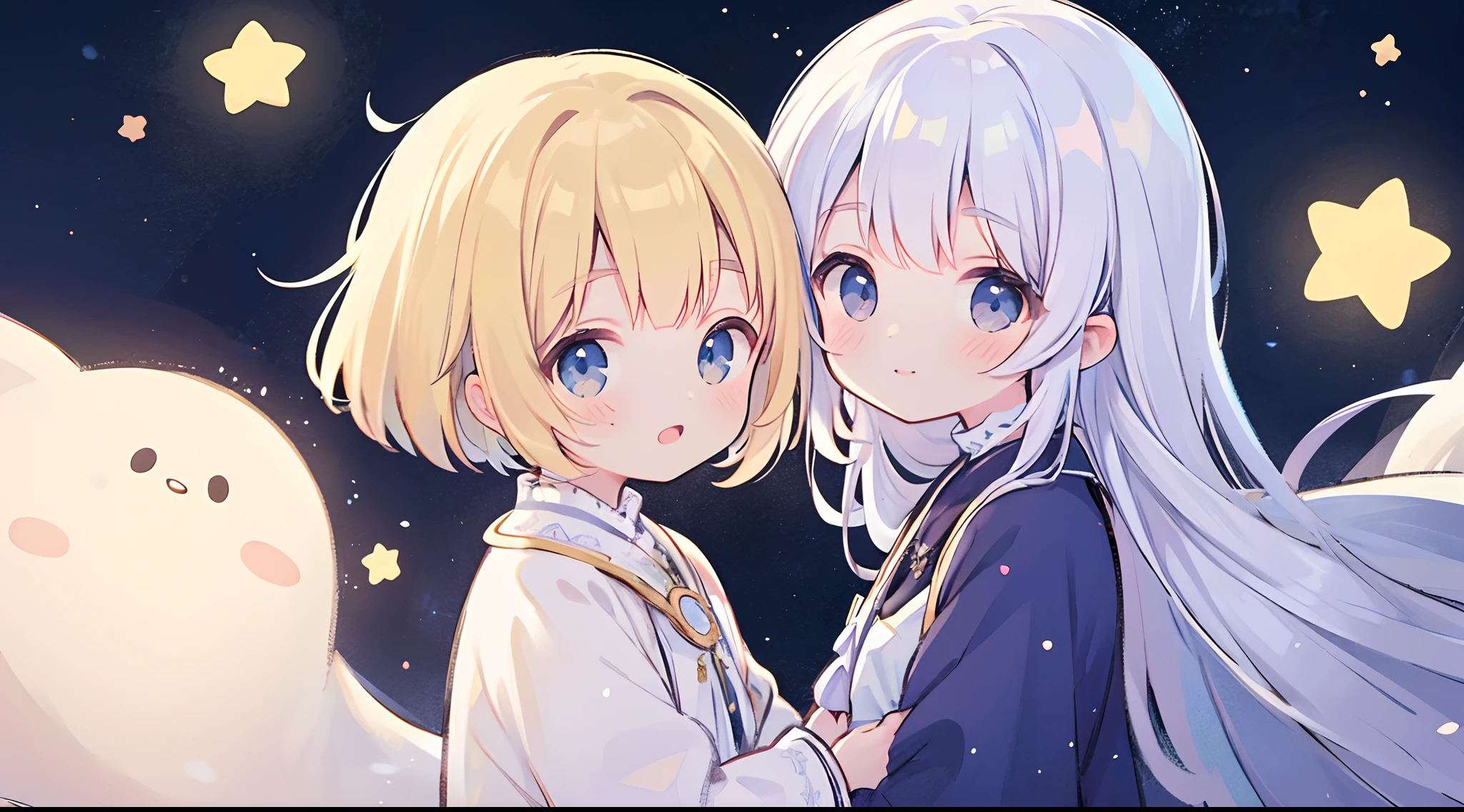 Best quality, masterpiece, ultra high resolution, clean facial features, flat desigen, wide shot, face to viewer, complex background, wishing star background, ethereal mystical traslucent dress, mystical, complex drawing, highly detailed, ethereal, starry night, midjourney style star, glowing in the dark