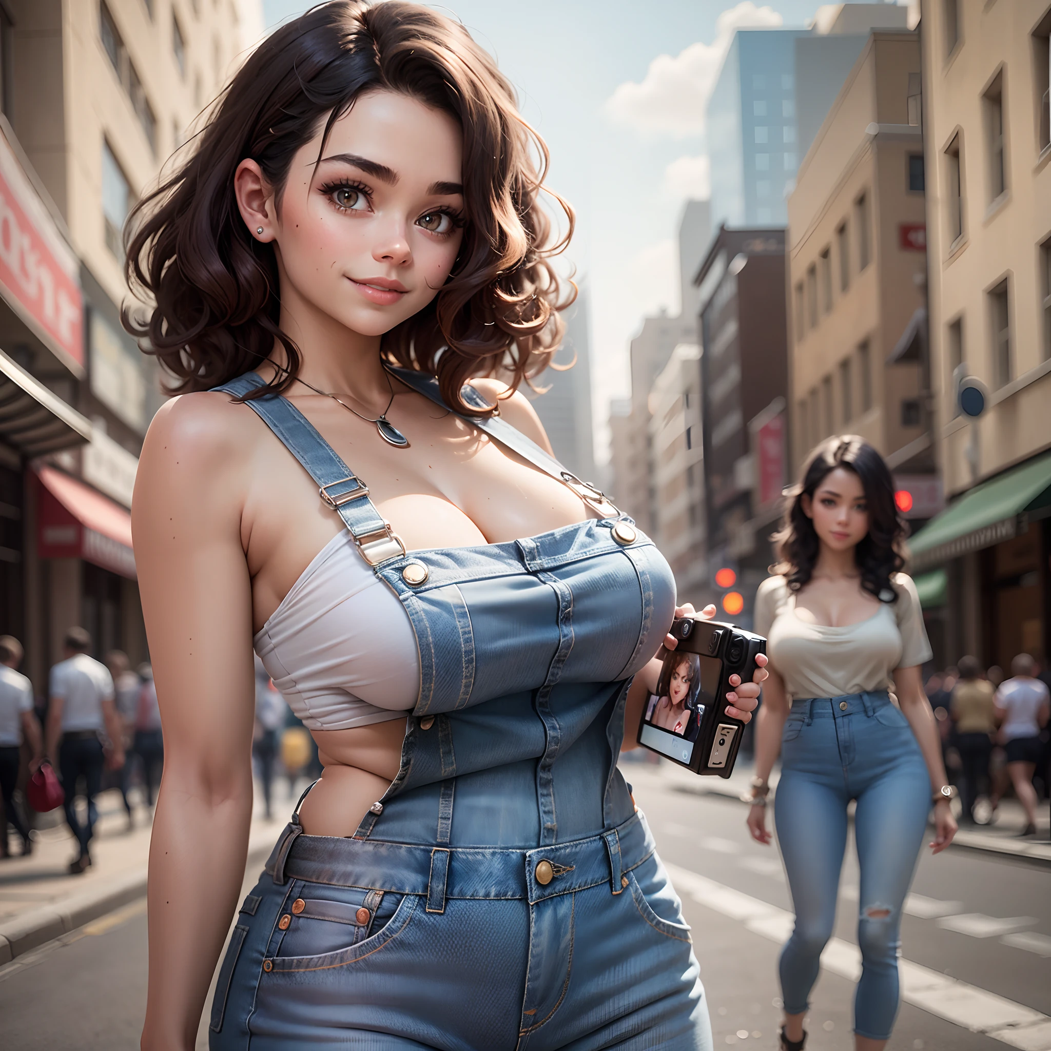 1 gorgeous girl (Sarah Hyland: 1.2), athletic body, big perfect breasts, wide hips, curly black hair, eyes, environment change scene, wearing only "jeans overalls", "without shirt", uncovered shoulders, (on a busy street: 1.3), illustration, ((masterpiece)), (((best quality))), UHD, highres, 8k, best quality, high details, anatomically correct, body side camera, smile at camera