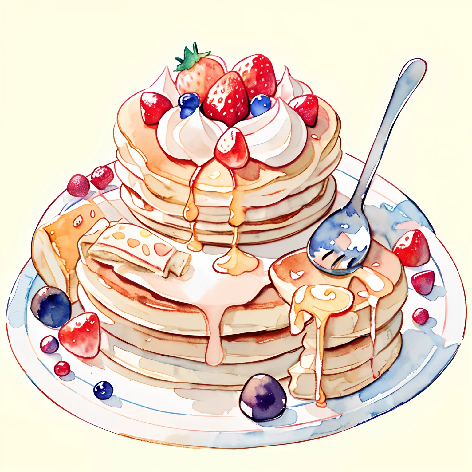Pastel Colors: 1.5), (Cute Illustrations: 1.5), (Watercolor: 1.2), Yellow Background, Girl, Full Body, Smiling, Aloof, Pale Yellow, Moya, Marble, Colorful, Crepes, Sweets, strawberry cake, Pancakes, Fancy, Fork, Spoon, Tea, fox doll, bear doll