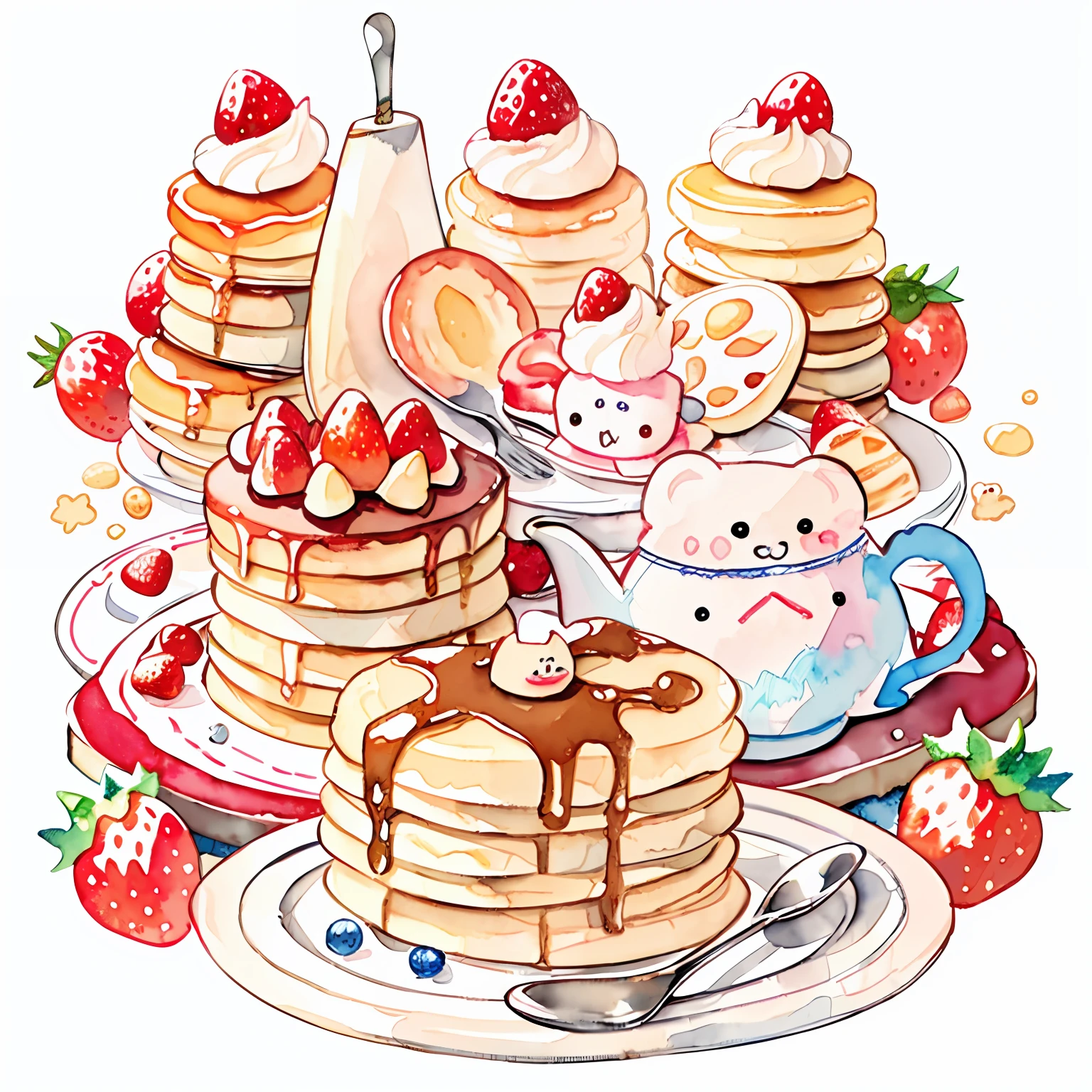Pastel Colors: 1.5), (Cute Illustrations: 1.5), (Watercolor: 1.2), Yellow Background, Girl, Full Body, Smiling, Aloof, Pale Yellow, Moya, Marble, Colorful, Crepes, Sweets, strawberry cake, Pancakes, Fancy, Fork, Spoon, Tea, fox doll, bear doll