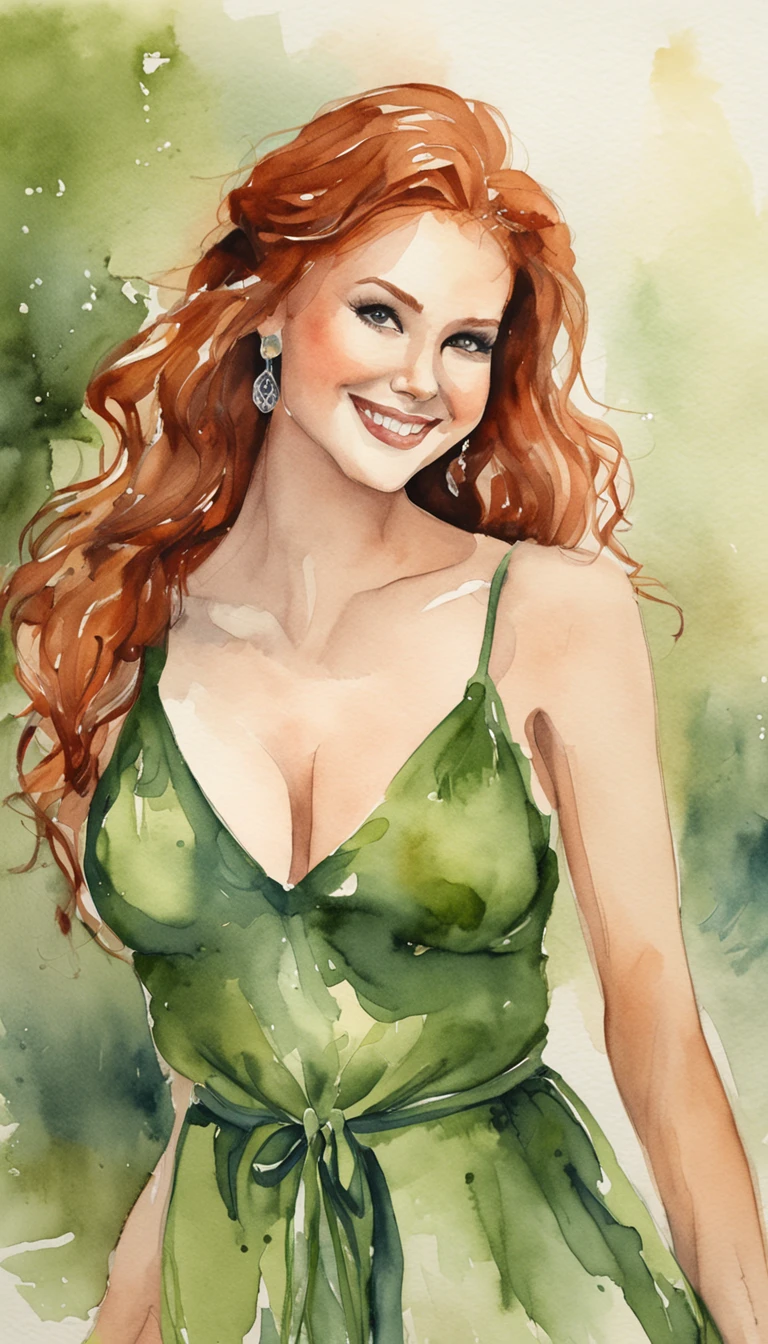 araffed redhead woman, in a green dress posing for a photo, smiling seductively, she is smiling and excited, beautiful young redhead woman, freckles, friendly seductive smile, clear curvy details, small round breasts, next to a tree, curvy model