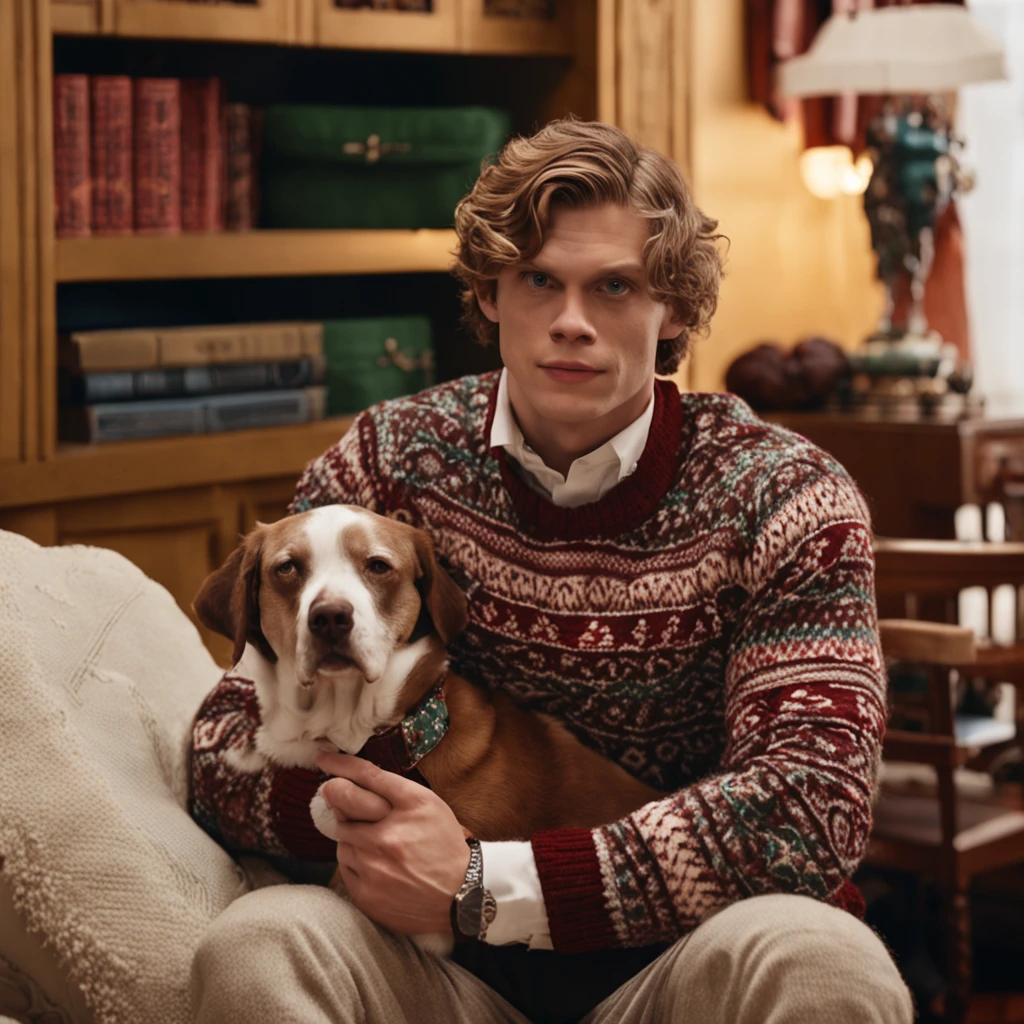 Evan Peters is wearing a Christmas cardigan while holding a cuddly dog in his arms. Ao fundo, There is a fireplace lit, proporcionando um ambiente aconchegante. Evan segura um copo de chocolate quente, emanando vapor e criando uma atmosfera acolhedora. He is posing for a Renaissance-style portrait, with stunning details and a captivating expression. The image is available in 8k resolution, garantindo alta qualidade e nitidez. The set of the scene is beautiful and inviting, perfeito para as festividades de Natal.