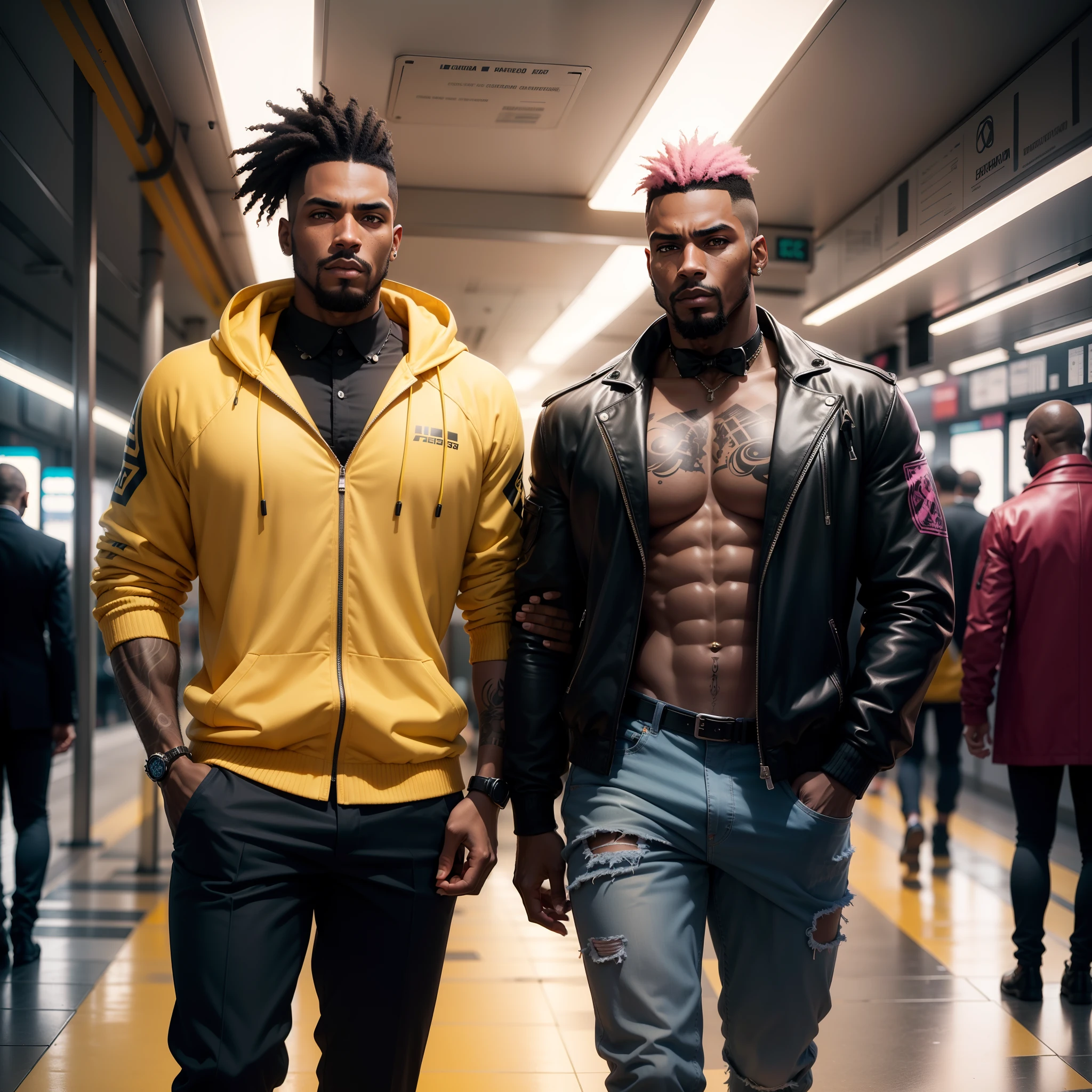 I'd like a cyberpunk style image in 4k average photo of two black characters ,30 anos de idade,,africano, forte, musculoso,Bodybillder,muito forte de pele negra ,barba grande,barba, Estiloso Barbon,com cabelo punk estilo anos 80 na cor amarelo e cinza escuro,muito eLegante,, futurista e estiloso neon , com uma tatuagem super colorida e com neon ,Toattoo, facing a metro station on the platform , with station lights failing in a dimly lit environment, standing dressed in a dark yellow suit with a pink bow tie and baggy shirt.
