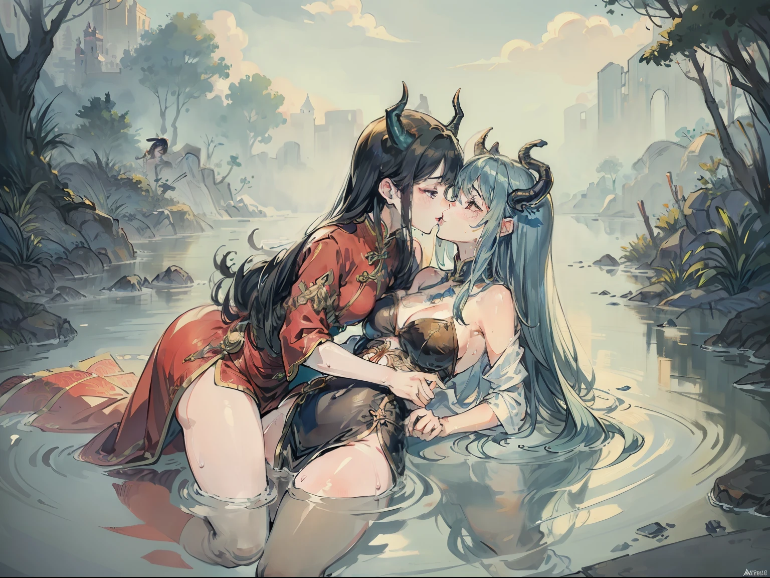 Bright colors,Fine picture,Refined face,Delicate curves,Delicate figure,Magic background,loong background,water background,the sky background,Witch Hat has dragon horns on it,A bodysuit made of stockings,Jumpsuits,Intimate dress,Tightly wrapped,Pantyhose wrap around the hips,on cheongsam,Dress conservatively,Wrap your whole body in clothing,Not exposed,Dragon tail,mistic,abstact,lady,Smiling,inquisitive,ultimate pretty legs,sexy pose,4 girls,A large number of girls,harem,Exchange partners,chaos,absurderes,promiscuous,lesbian,french kiss,wet kiss,wet,watery,face to face,hugs,Close contact,Snug together,Side Body,kiss,tongue kissing,Lovers,touch each other,Matching hairstyle,Matching poses,sexyposture,Occlusion,Dress conservatively,Conservative clothing,Not exposed,abstact,lusting,lying down,fistfight,squelch,Body overlap,squishing,Love,odd eyes,Does not expose the skin