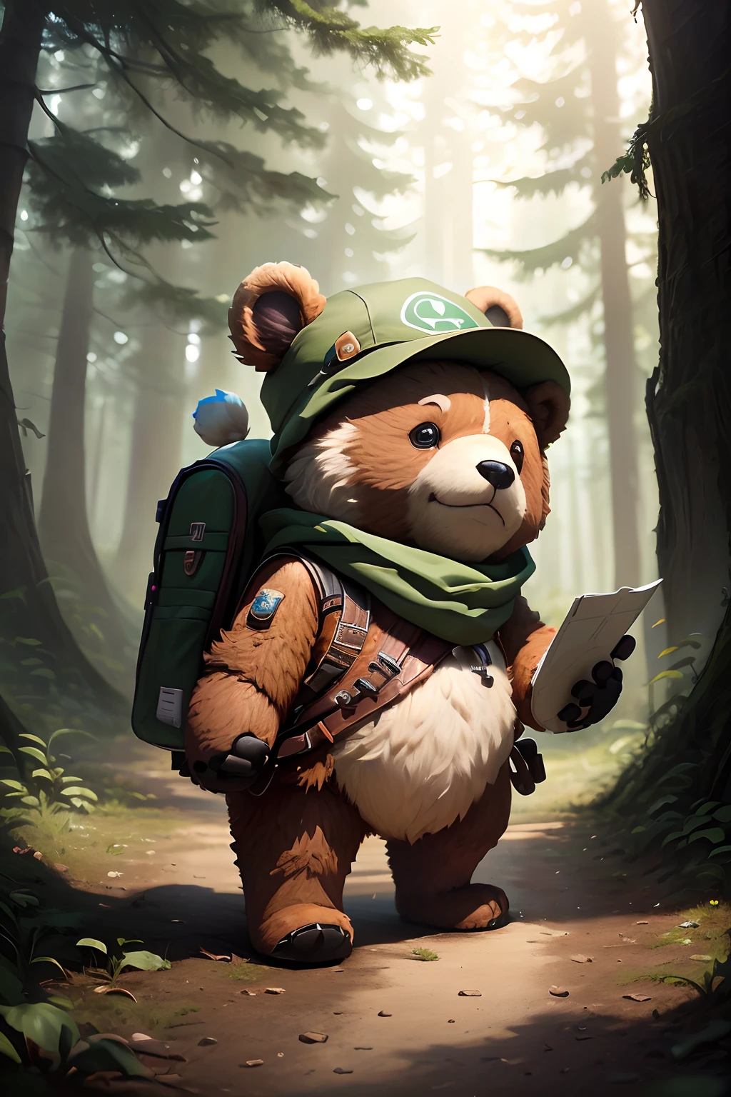 There's a teddy bear wearing a hat and a backpack, Wojtek FUS, Teemo, Teemo de League of Legends, painting digital adorable, Trend at Artstation headquarters, aventura render hiper realista, Vencedor do concurso Artstation, como visto no artstation, wlop e ross tran, trending on ArtStation, trending on ArtStation.', Cute detailed digital art Adventurous Bear finds a map on the ground