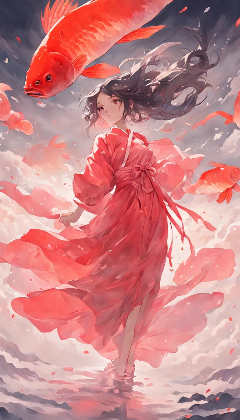 An inky white painting,The painting shows a lady in an old red dress,There is a huge pink goldfish in the clouds, Made of fog, Dark white and pink, In the style of Li Shuxing, shilin huang, Brilliant talent, Ethereal form, gigantic scale, Elegant and balanced, Doubleexposure, Cloud effects:1.5,elevation,Faraway view,super detailing,best qualtiy,tmasterpiece,8K,Extremely detailed,Epic artwork,Fine face