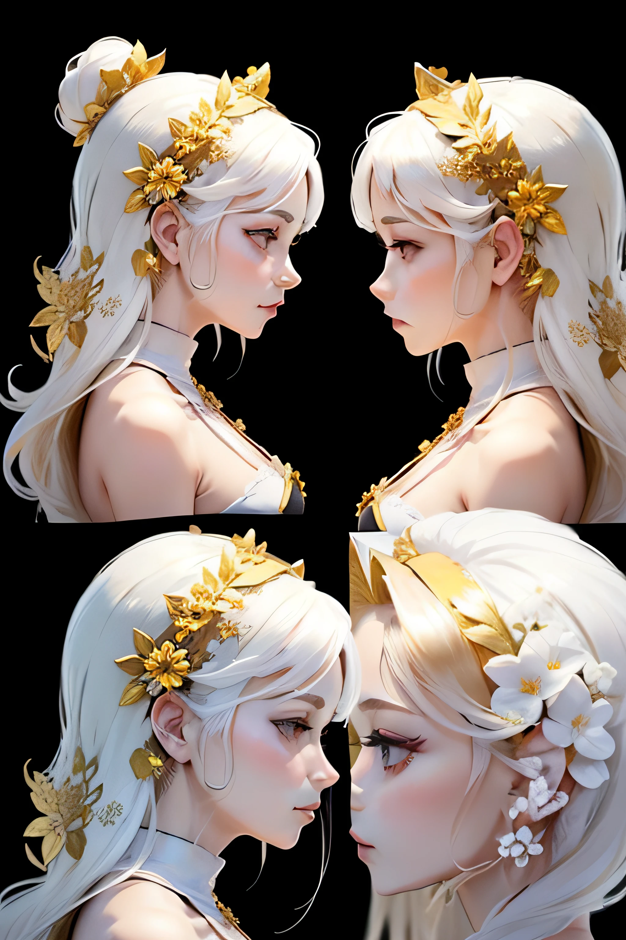 flower gold hair piece, head only (((detailed character sheet, frontal view, side view, three quarter view))) (((white background)))