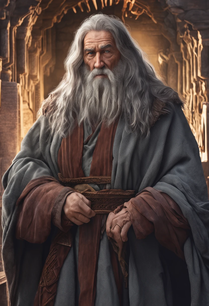 dnd portait, realistic old male sage, wise looking, grey robes, long hair and beard,