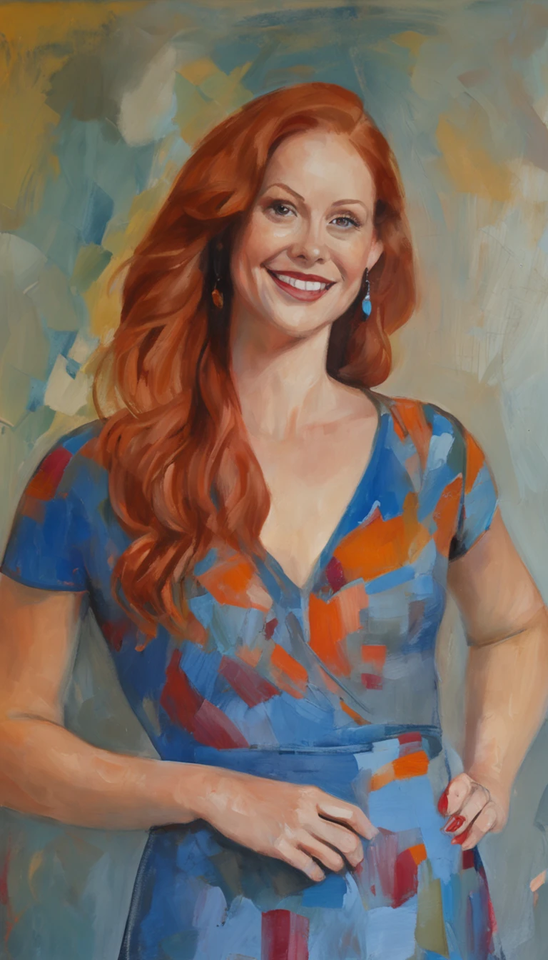 araffed woman in a blue dress posing for a picture, smiling seductively, she is smiling and excited, cute young redhead girl, freckles, she expressing joy, redhead, friendly seductive smile, a redheaded young woman, clear curvy details, beautiful and smiling, round small boobs, covered sfw huge breasts, next to a tree, dressed in a blue dress, curvy model