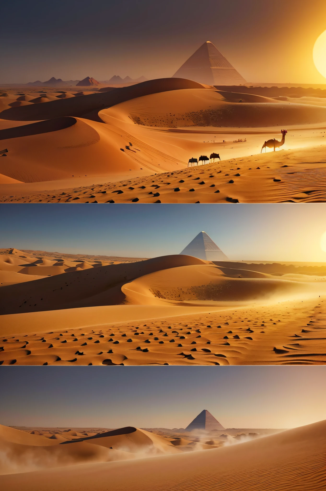desert, sandstorm, camel, oasis in the desert, Egyptian sphinx, super resolution, surreal, detail, (mysterious:1.3), ultra-realistic mix fantasy, (giant eastern phoenix:1.2)