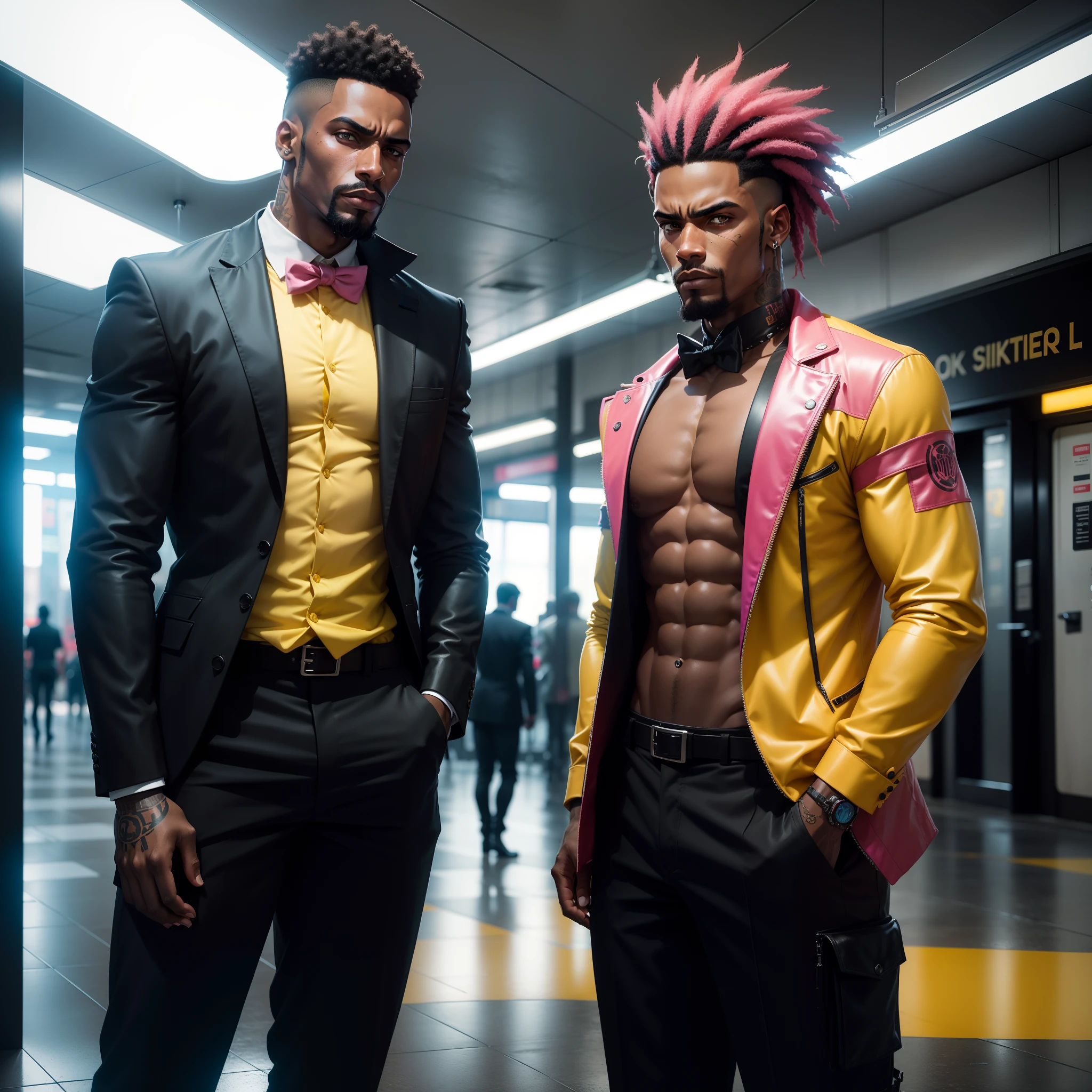 I'd like a cyberpunk style image in 4k average photo of two black characters ,30 anos de idade,,africano, forte, musculoso,Bodybillder,muito forte de pele negra ,barba grande,barba, Estiloso Barbon,com cabelo punk estilo anos 80 na cor amarelo e cinza escuro,muito eLegante,, futurista e estiloso neon , com uma tatuagem super colorida e com neon ,Toattoo, facing a metro station on the platform , with station lights failing in a dimly lit environment, standing dressed in a dark yellow suit with a pink bow tie and baggy shirt.