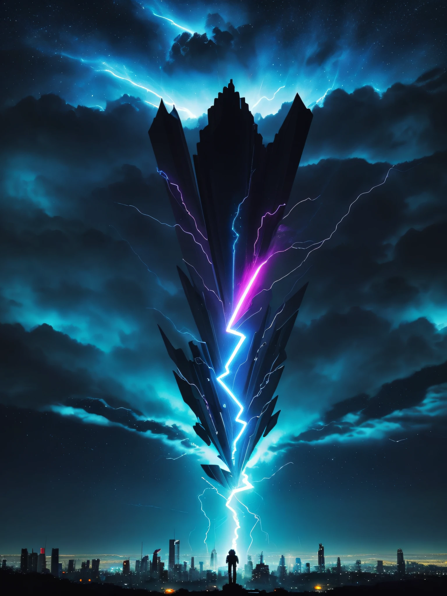 An alien sending lightning bolts on planet Earth, em voos espaciais, lua cheia, blue night sky, extremamente detalhado, futuristic cityscape, Noite, glowing neon lights, smoke billowing, Sparks, Metal shavings, Detritos voadores, efeitos da energia azul, Volumetric light for digital t-shirt print with vibrant;, High-resolution colors, com fundo de imagem escuro ::n_desenho de estilo, Low-quality imperfection, boneca, Jogo, anime, Texto, assinatura, doubling