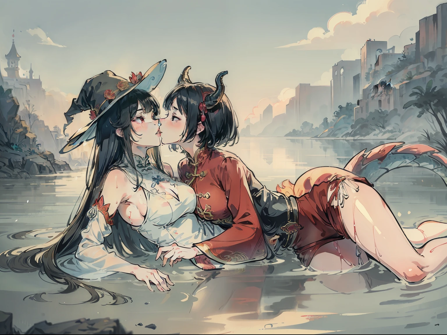Bright colors,Fine picture,Refined face,Delicate curves,Delicate figure,Magic background,loong background,water background,the sky background,Witch Hat has dragon horns on it,A bodysuit made of stockings,Jumpsuits,Intimate dress,Tightly wrapped,Pantyhose wrap around the hips,on cheongsam,Dress conservatively,Wrap your whole body in clothing,Not exposed,Dragon tail,mistic,abstact,lady,Smiling,inquisitive,ultimate pretty legs,sexy pose,4 girls,A large number of girls,harem,Exchange partners,chaos,absurderes,promiscuous,lesbian,french kiss,wet kiss,wet,watery,face to face,hugs,Close contact,Snug together,Side Body,kiss,tongue kissing,Lovers,touch each other,Matching hairstyle,Matching poses,sexyposture,Occlusion,Dress conservatively,Conservative clothing,Not exposed,abstact,lusting,lying down,fistfight,squelch,Body overlap,squishing,Love,odd eyes,Does not expose the skin