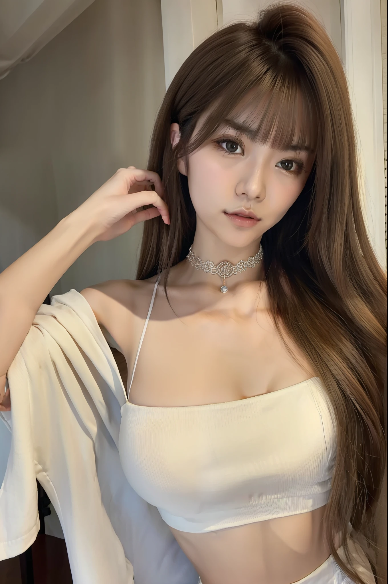 Alfield asian woman sitting on sofa wearing white dress, beautiful Korean women, Gorgeous young Korean woman, Beautiful Asian girl, Beautiful young Korean woman, Korean girl, Beautiful asian woman, Korean woman, Lovely woman, photo of slim girl model, gorgeous chinese models, Attractive girl, Beautiful girl model, Good young girl, Attractive pose, Open V chest clothes, looks into camera,C cup